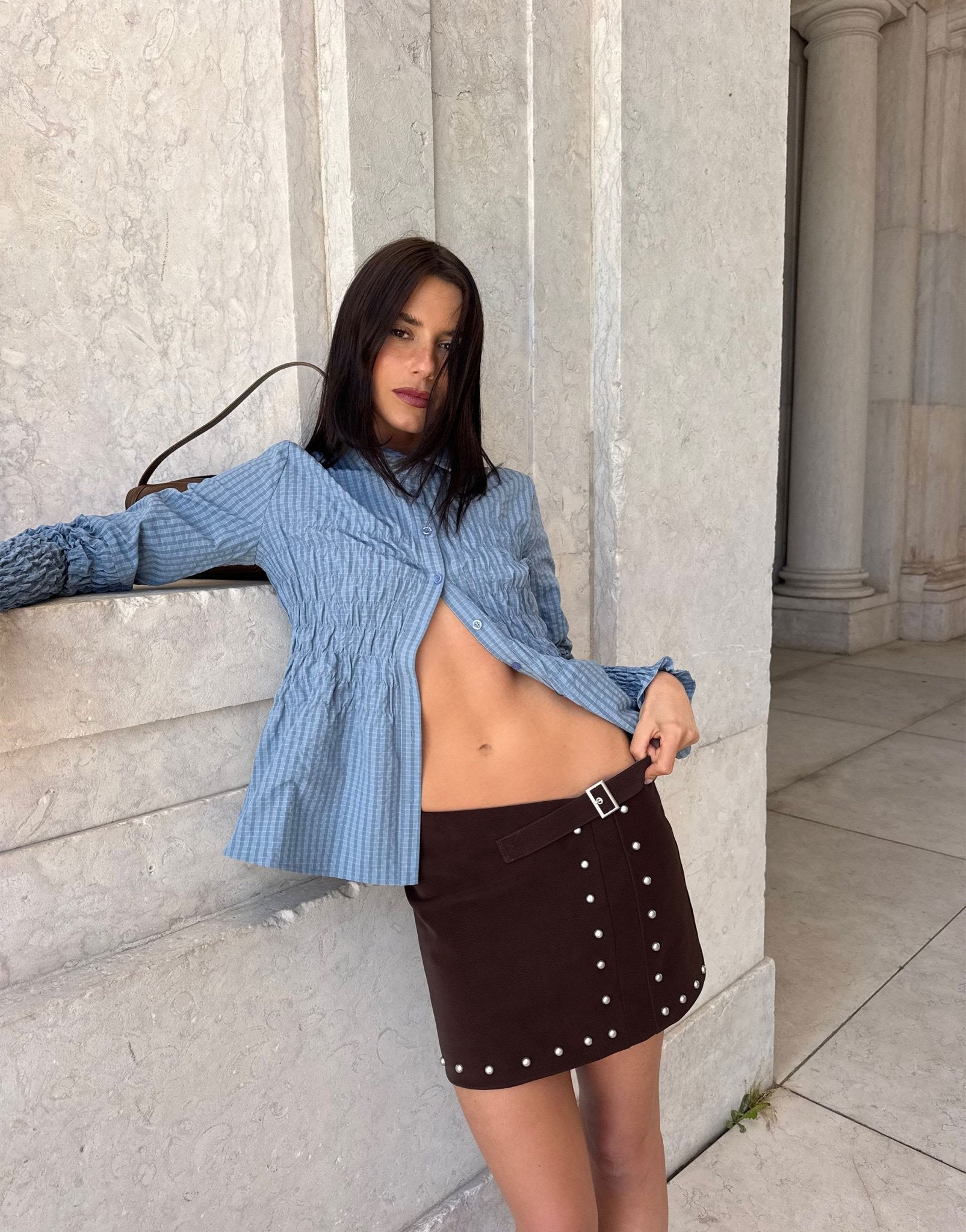 Labelrail x Barbara Ines studded faux leather wrap skirt in brown - ASOS Sample Sale
