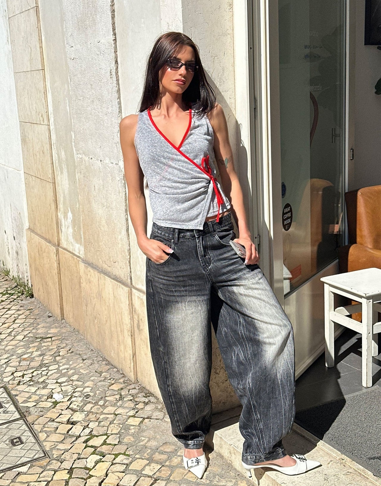 Labelrail x Barbara Ines wrap detail vest top in grey and red - ASOS Sample Sale