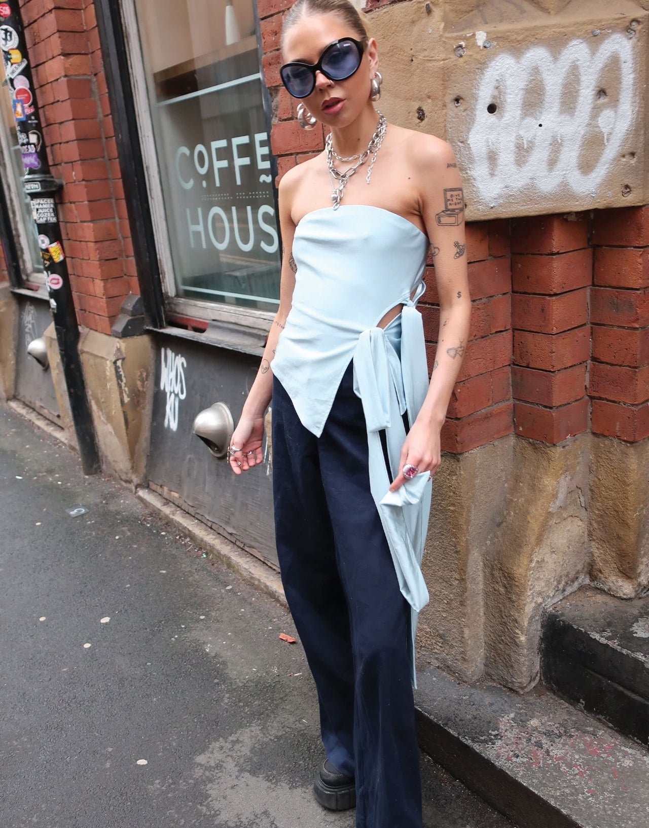 Labelrail x Daisy Birchall asymmetric slinky bandeau top with bow detail in ice blue - ASOS Sample Sale