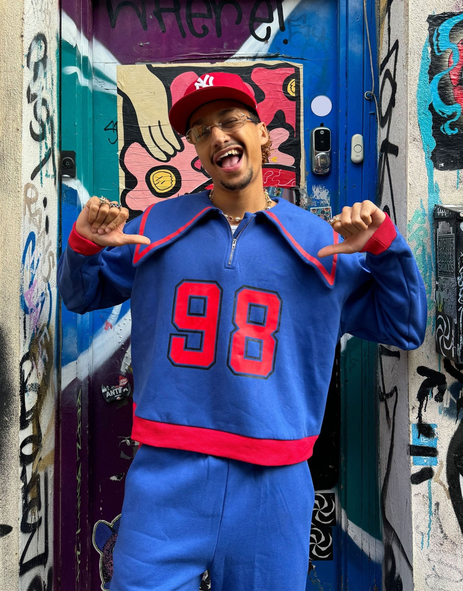 Labelrail x OliBrom dramatic collar quarter zip sweatshirt in blue and red co - ord - ASOS Sample Sale