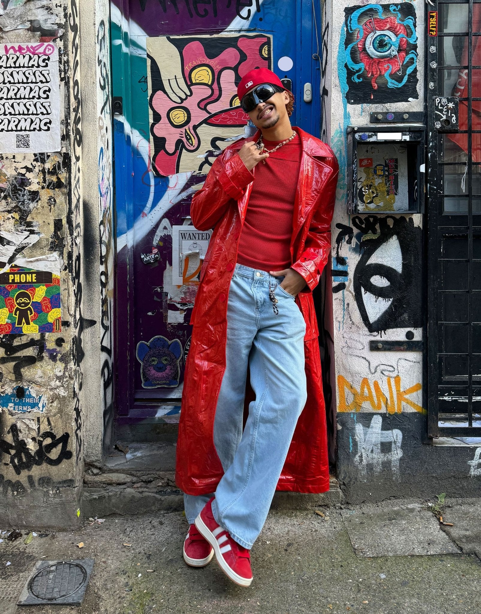 Labelrail x OliBrom PU longline coat in bright red - ASOS Sample Sale