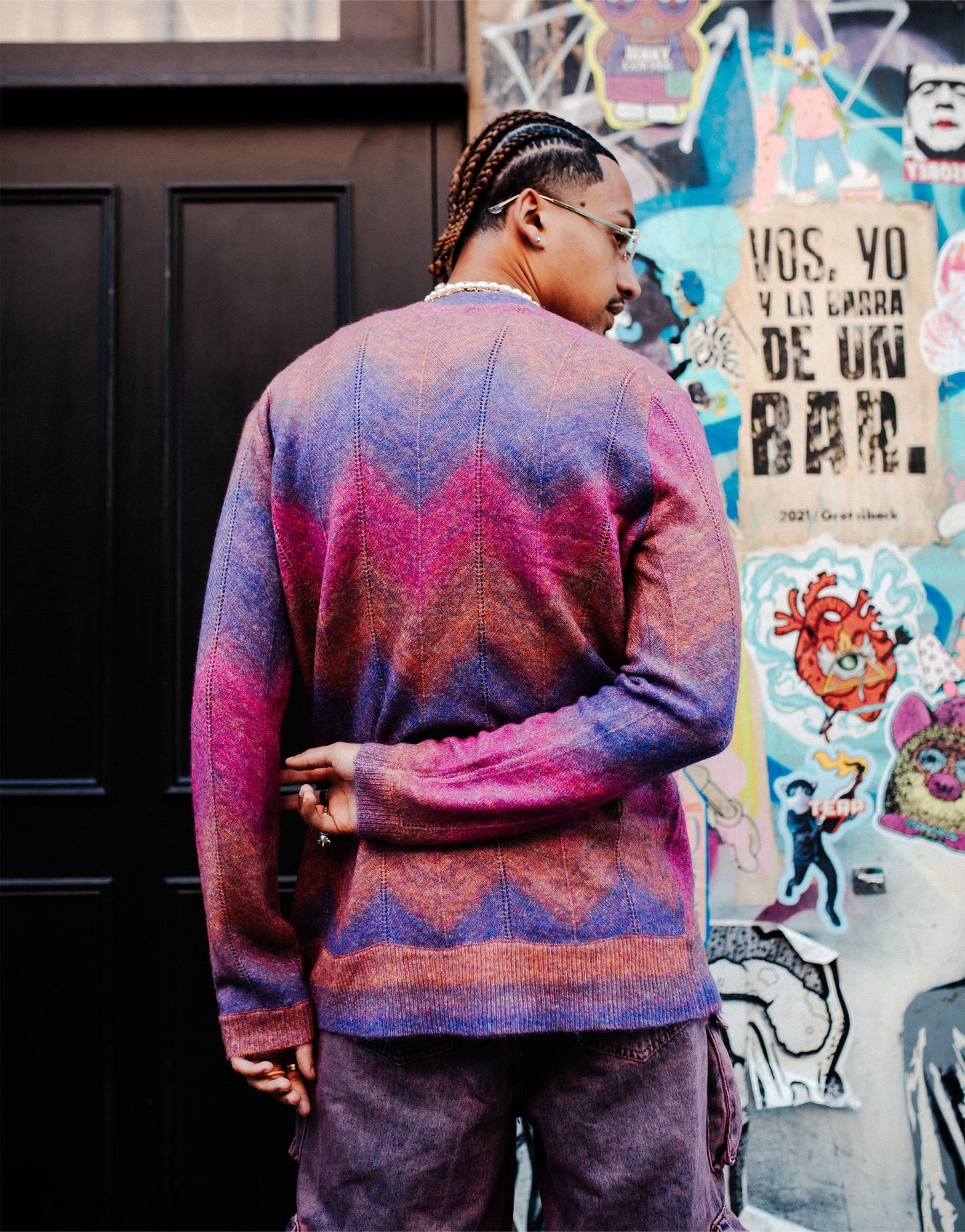 Labelrail x OliBrom v neck zig zag longline cardigan in pink and purple multi - ASOS Sample Sale
