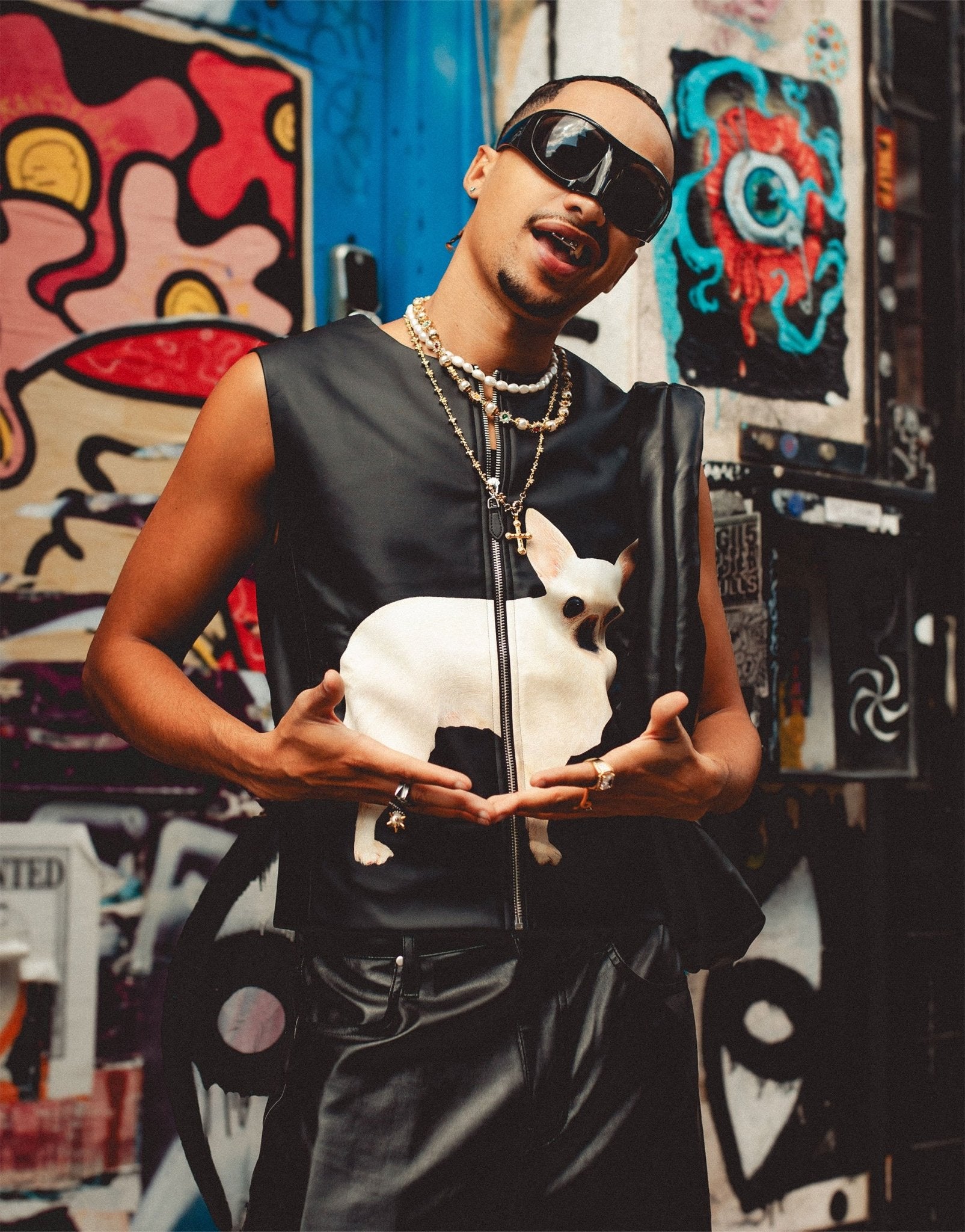 Labelrail x OliBrom zip up faux leather waistcoat with dog graphic in black - ASOS Sample Sale