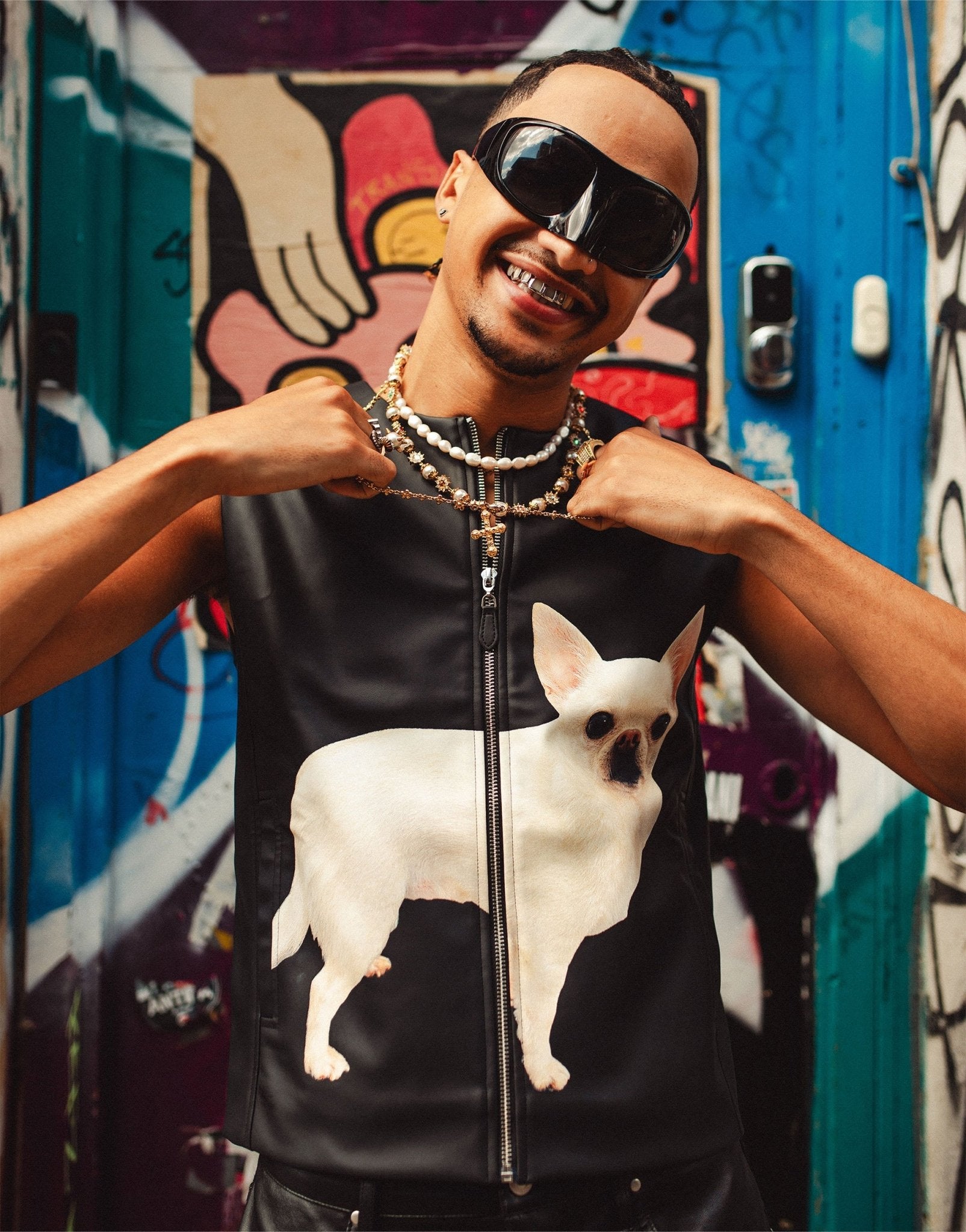 Labelrail x OliBrom zip up faux leather waistcoat with dog graphic in black - ASOS Sample Sale