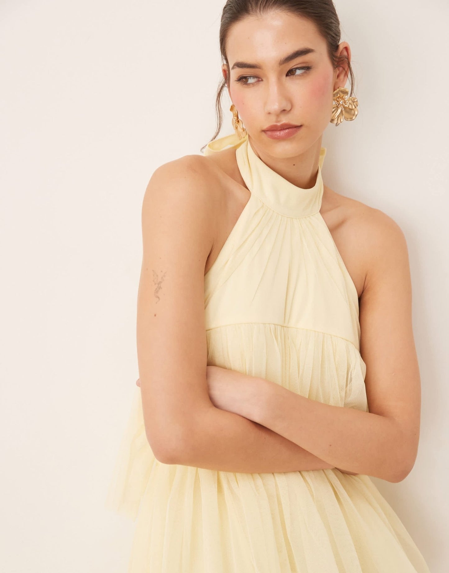 Lace & Beads backless tiered tulle maxi dress in lemon - ASOS Sample Sale