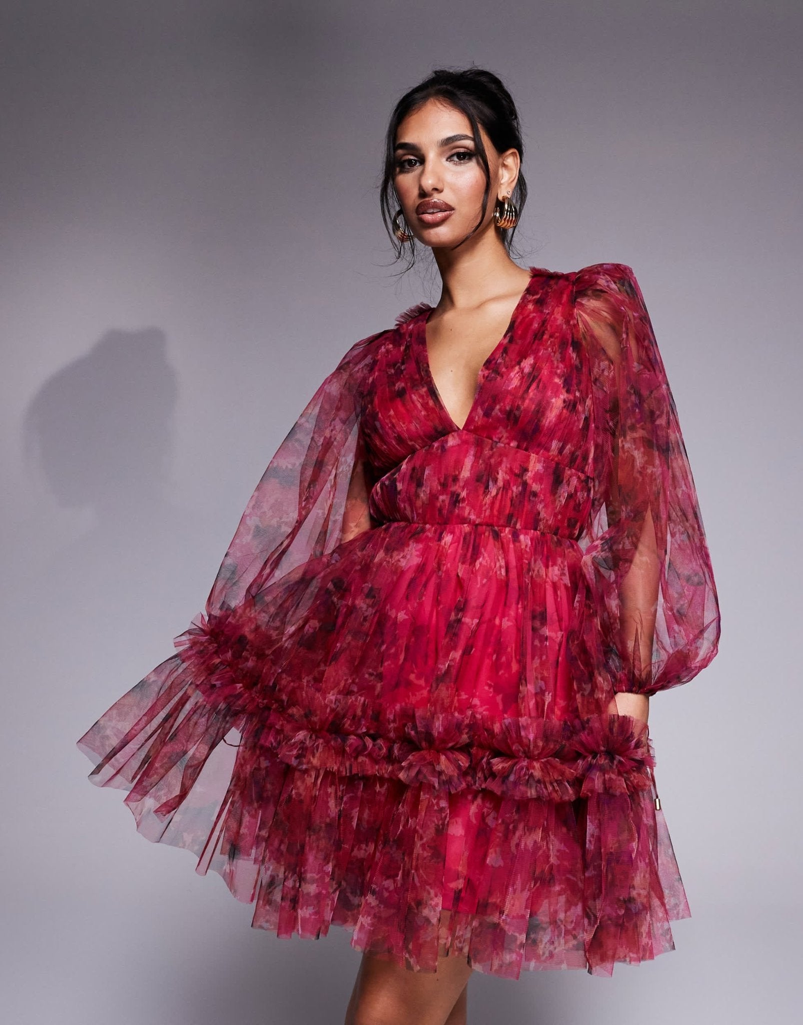 Lace & Beads balloon sleeve organza mini dress in red and fuchsia floral - ASOS Sample Sale