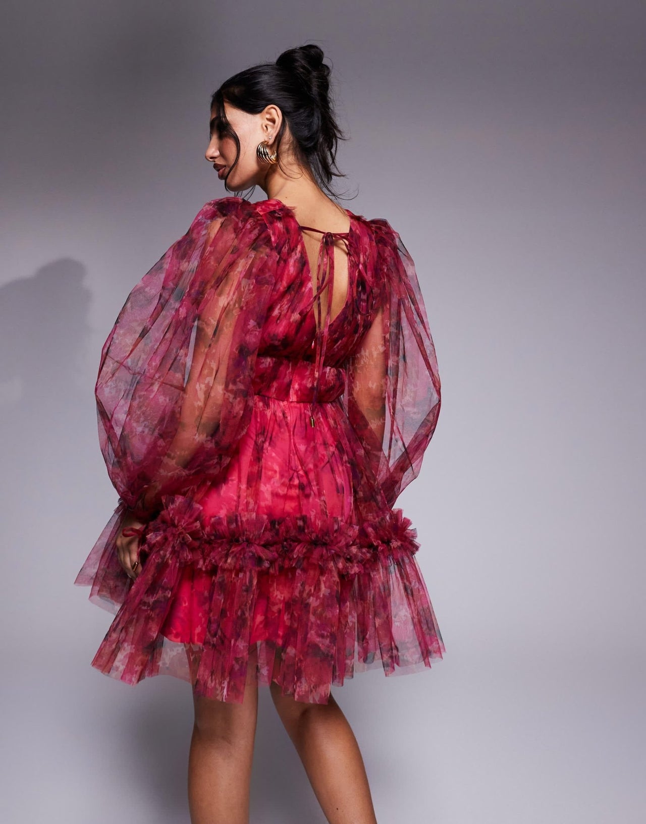 Lace & Beads balloon sleeve organza mini dress in red and fuchsia floral - ASOS Sample Sale
