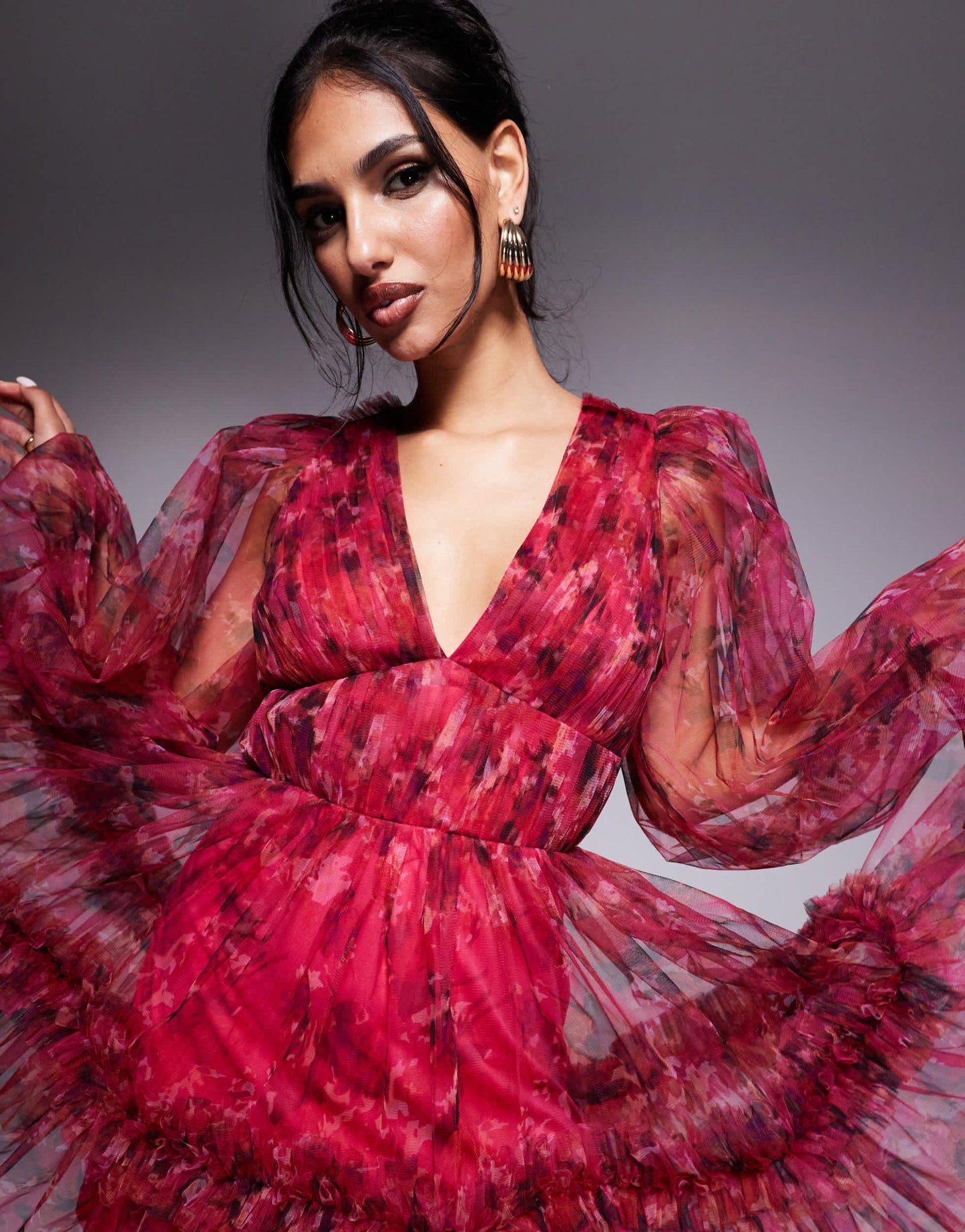 Lace & Beads balloon sleeve organza mini dress in red and fuchsia floral - ASOS Sample Sale