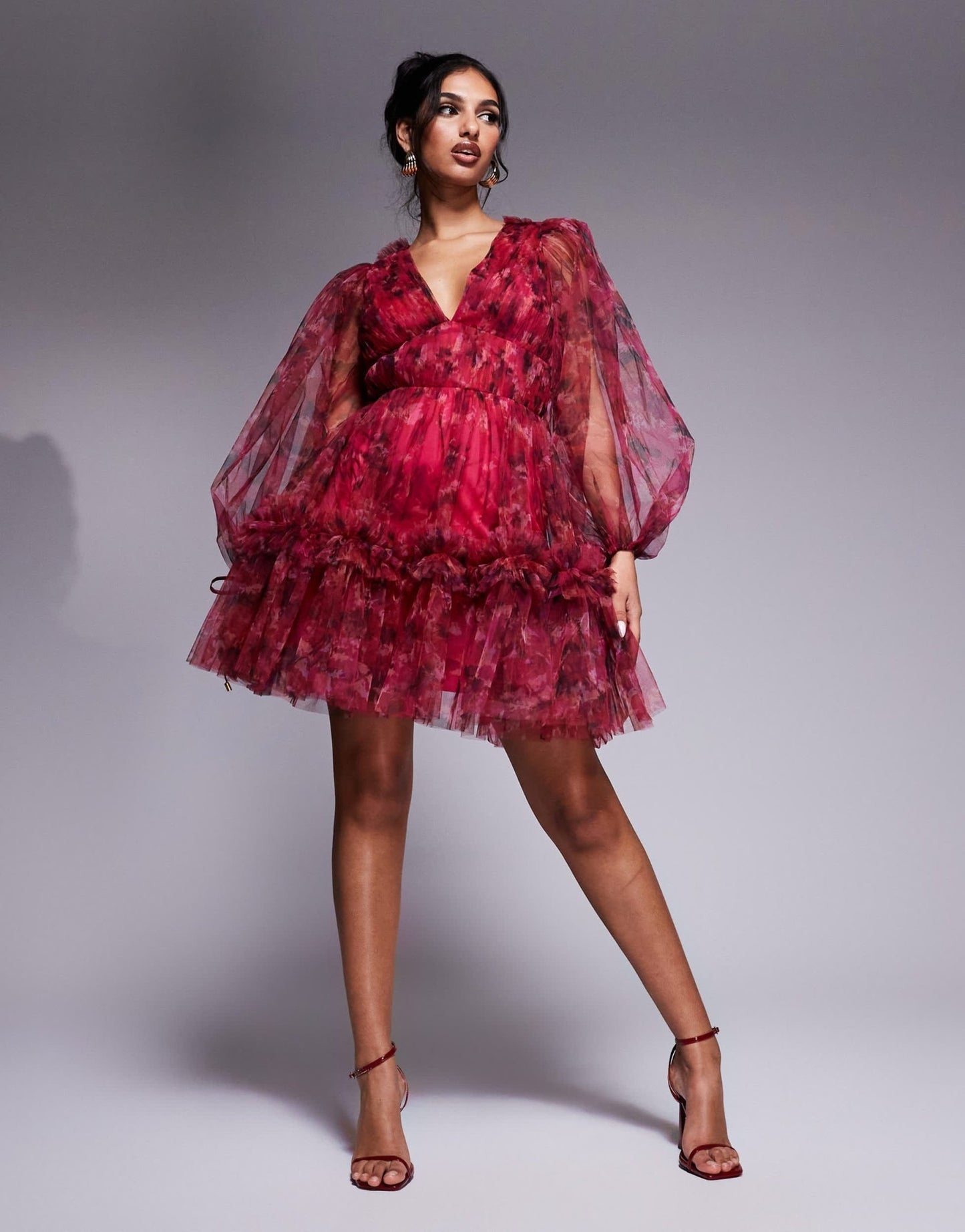 Lace & Beads balloon sleeve organza mini dress in red and fuchsia floral - ASOS Sample Sale