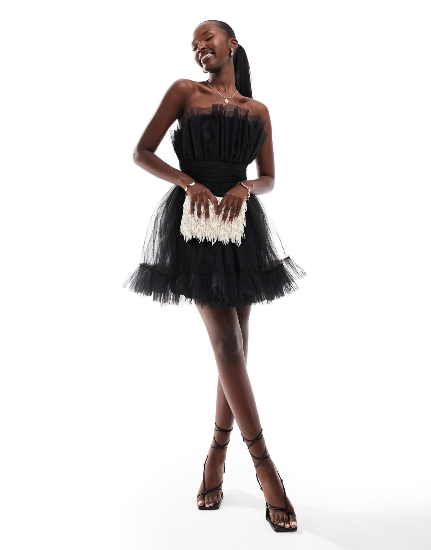 Lace & Beads bandeau structured mini dress in black - ASOS Sample Sale