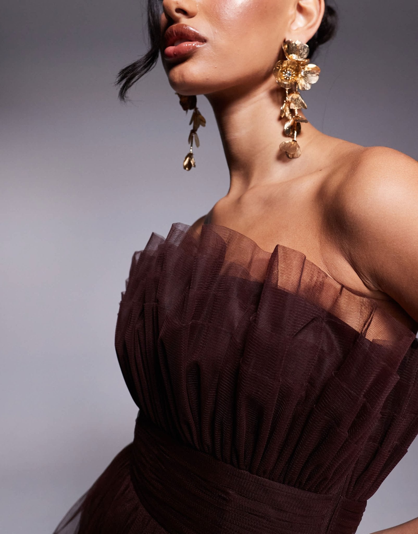 Lace & Beads bandeau structured tulle mini dress in chocolate brown - ASOS Sample Sale