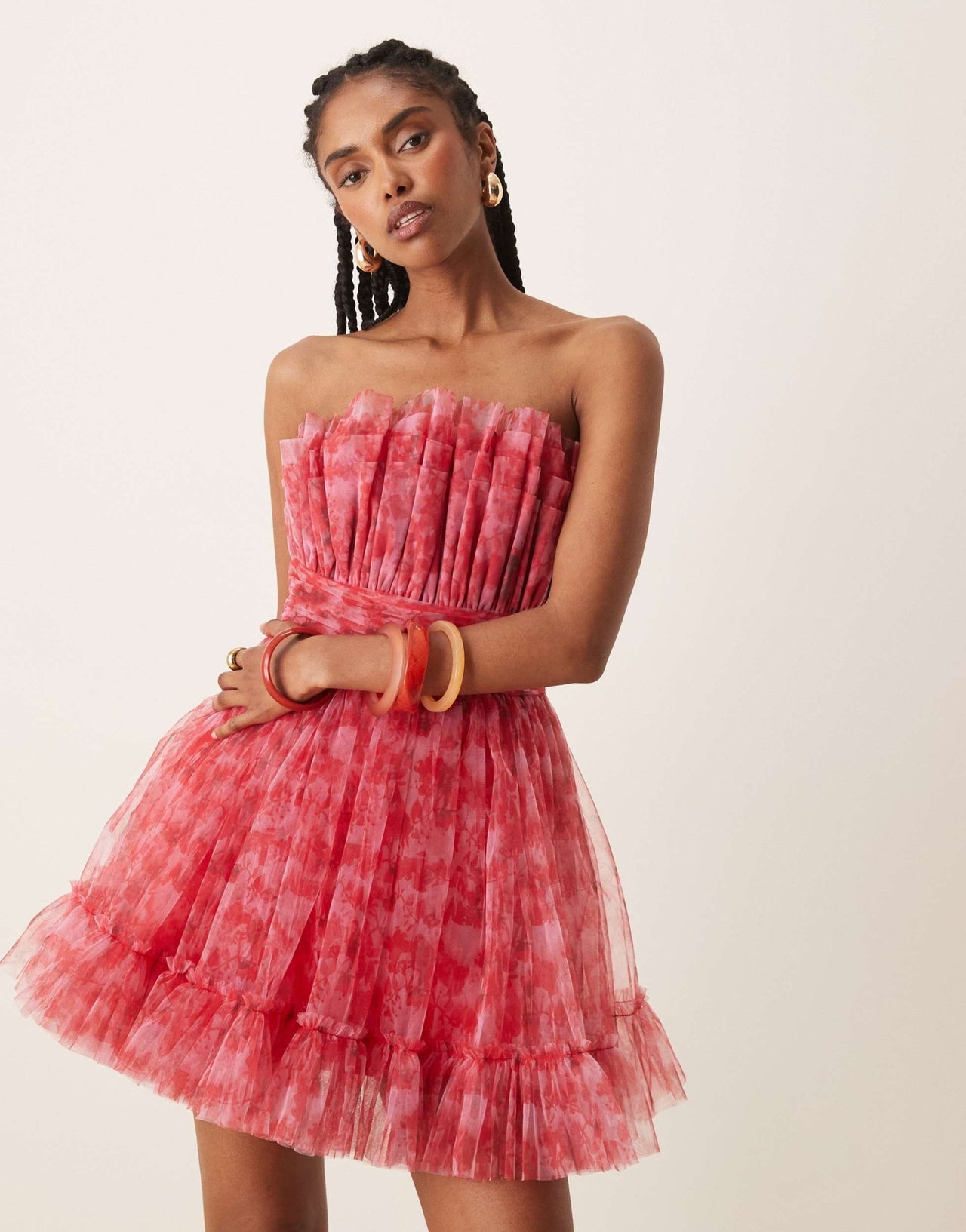 Lace & Beads bandeau structured tulle mini dress in red and pink floral - ASOS Sample Sale