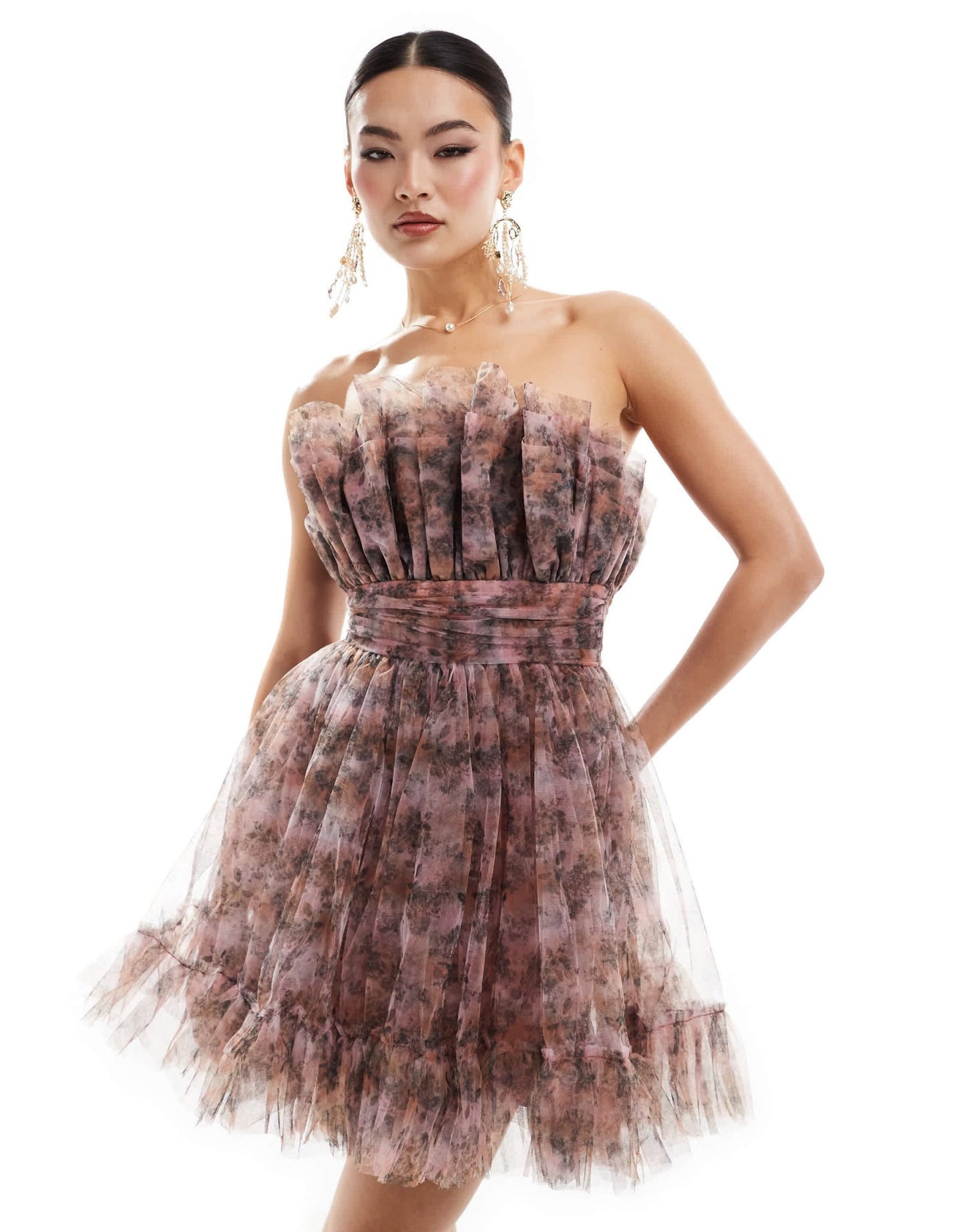 Lace & Beads bandeau tulle mini dress in lilac floral - ASOS Sample Sale