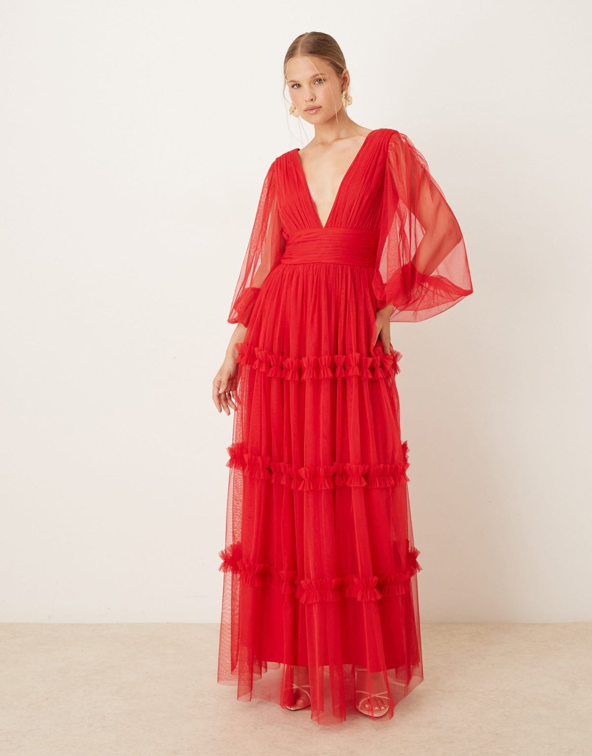 Lace & Beads boho ruffle maxi dress in red - ASOS Sample Sale