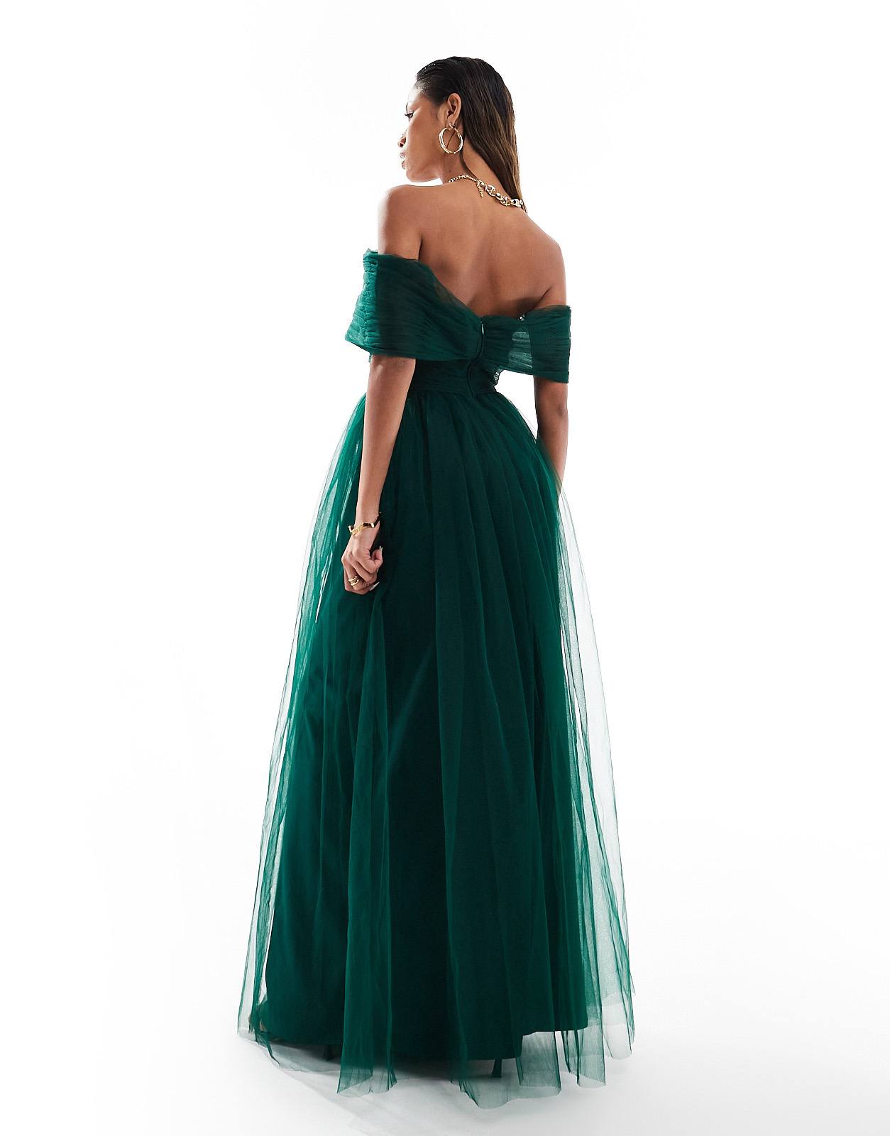 Lace & Beads bow off shoulder tulle maxi dress in forest green - ASOS Sample Sale