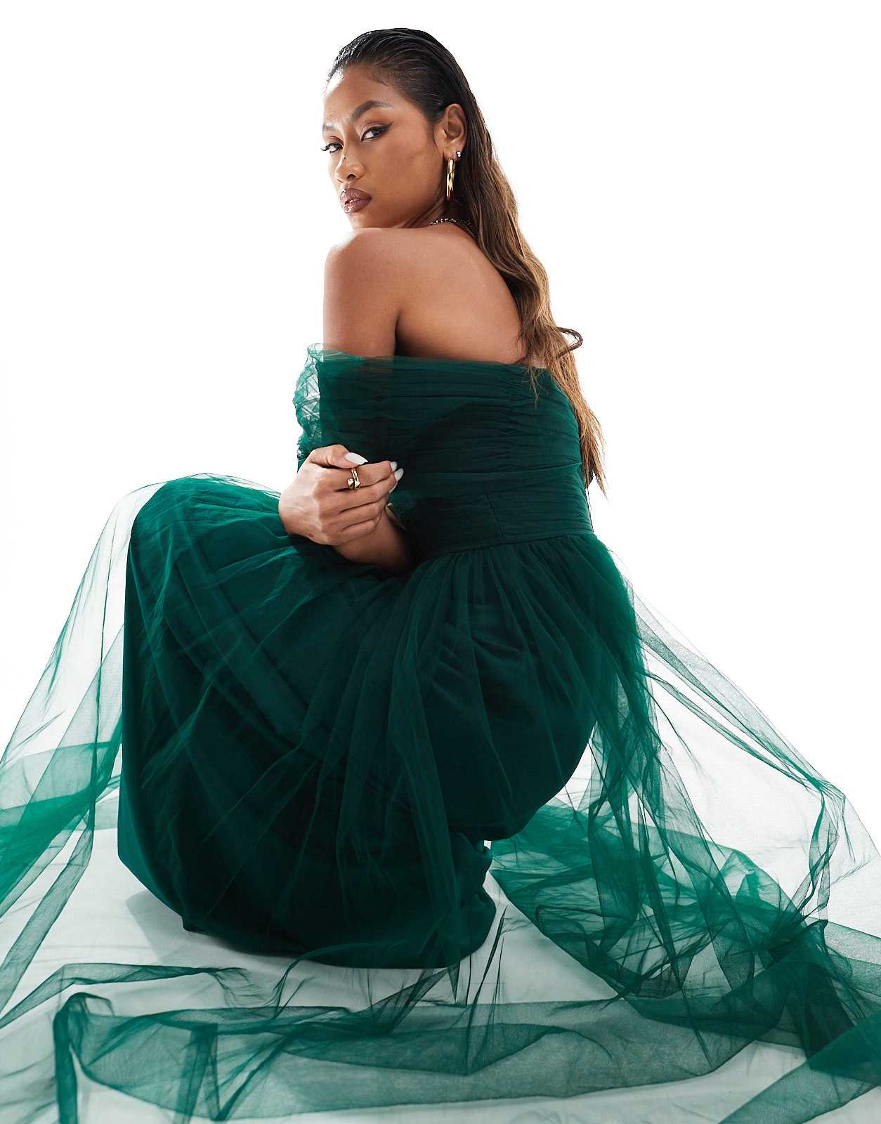 Lace & Beads bow off shoulder tulle maxi dress in forest green - ASOS Sample Sale