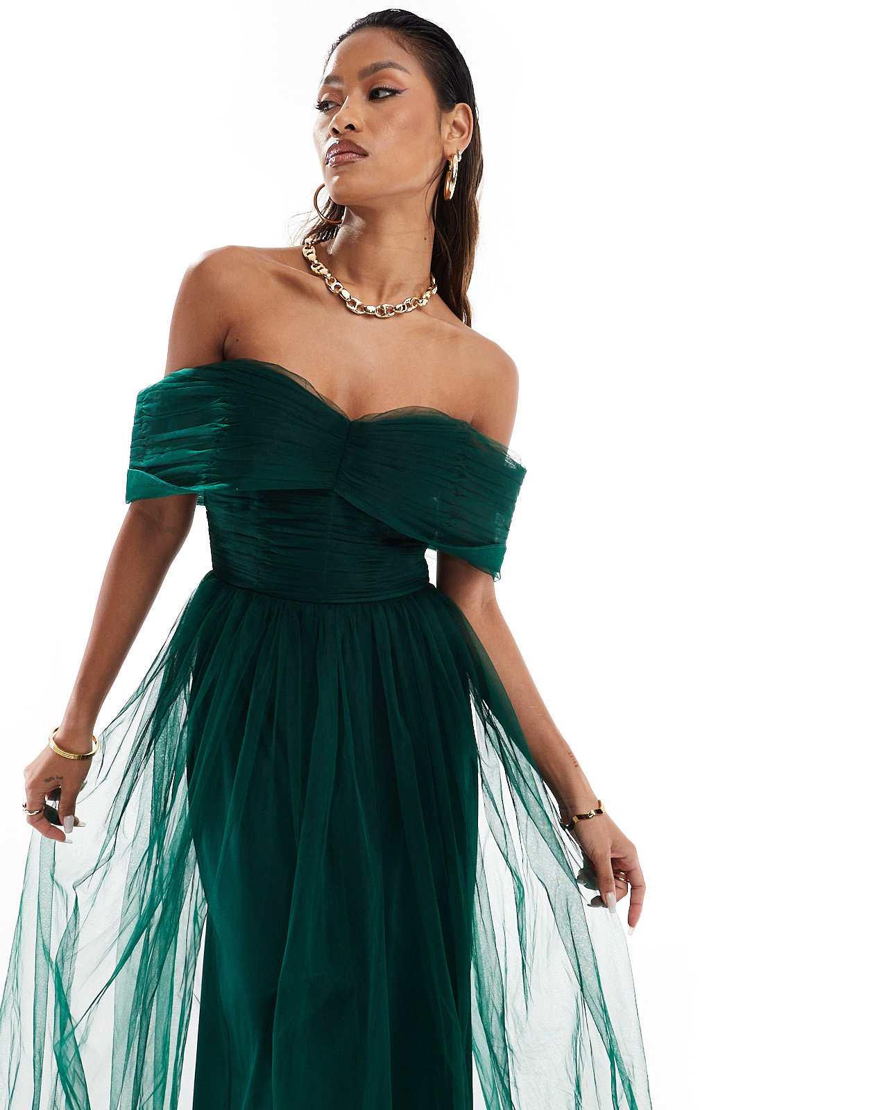 Lace & Beads bow off shoulder tulle maxi dress in forest green - ASOS Sample Sale
