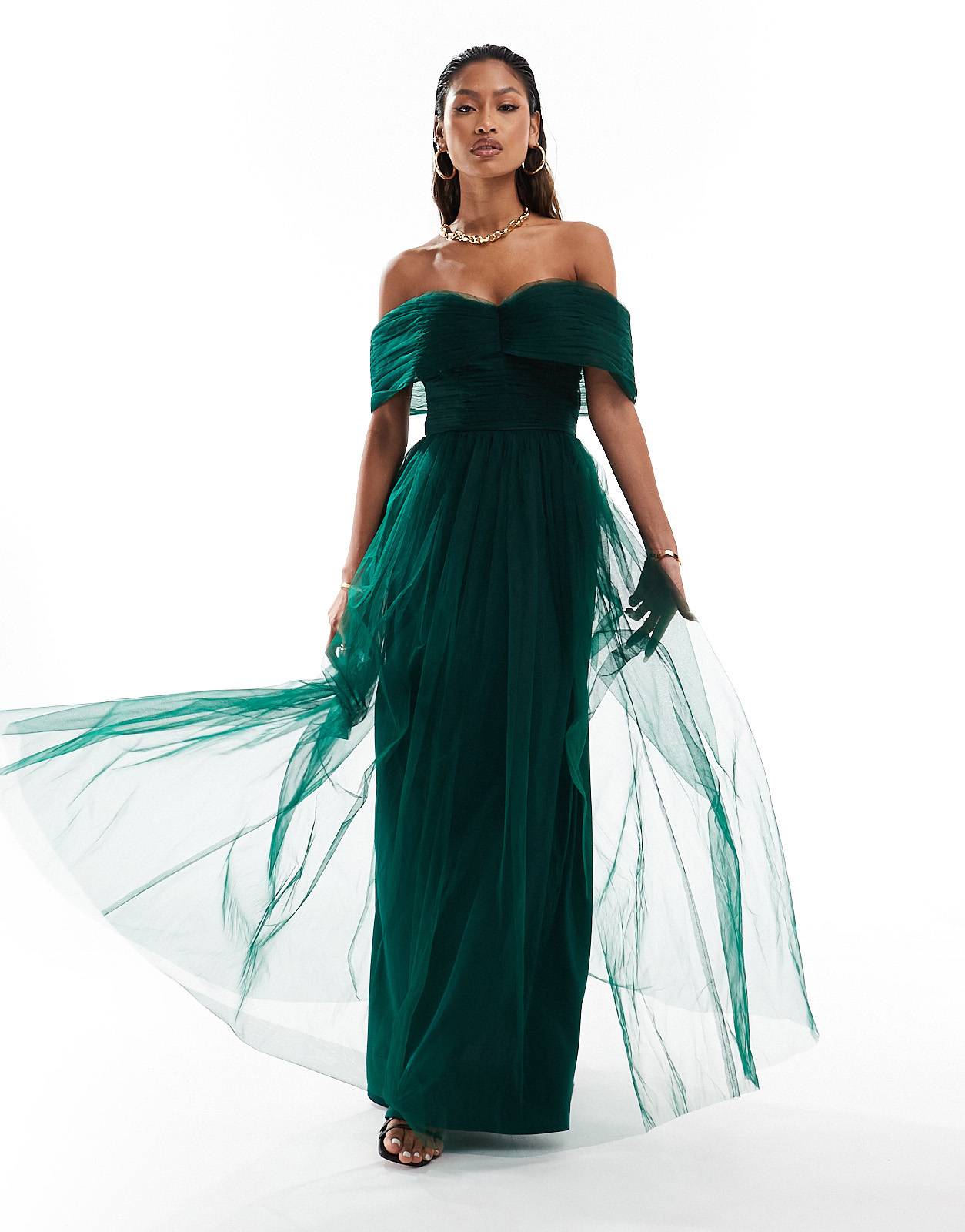 Lace & Beads bow off shoulder tulle maxi dress in forest green - ASOS Sample Sale
