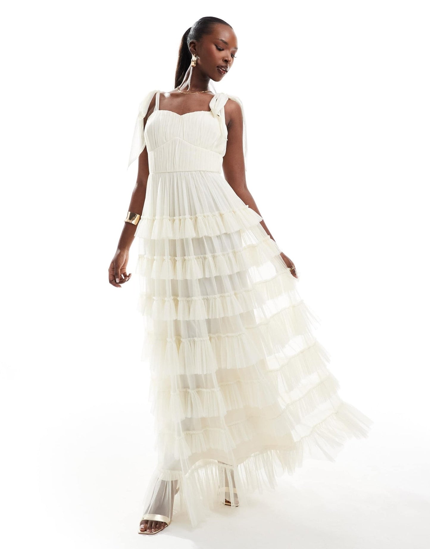 Lace & Beads bow ruffle midaxi dress in vintage cream - ASOS Sample Sale