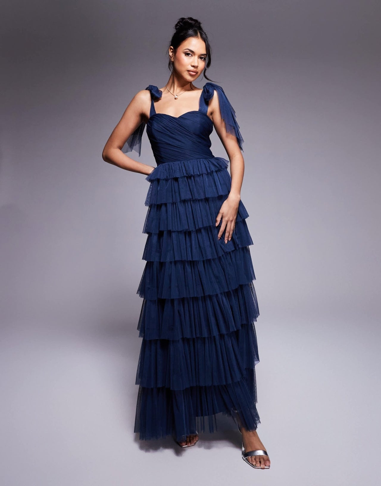Lace & Beads bow shoulder ruffle maxi dress in midnight navy - ASOS Sample Sale