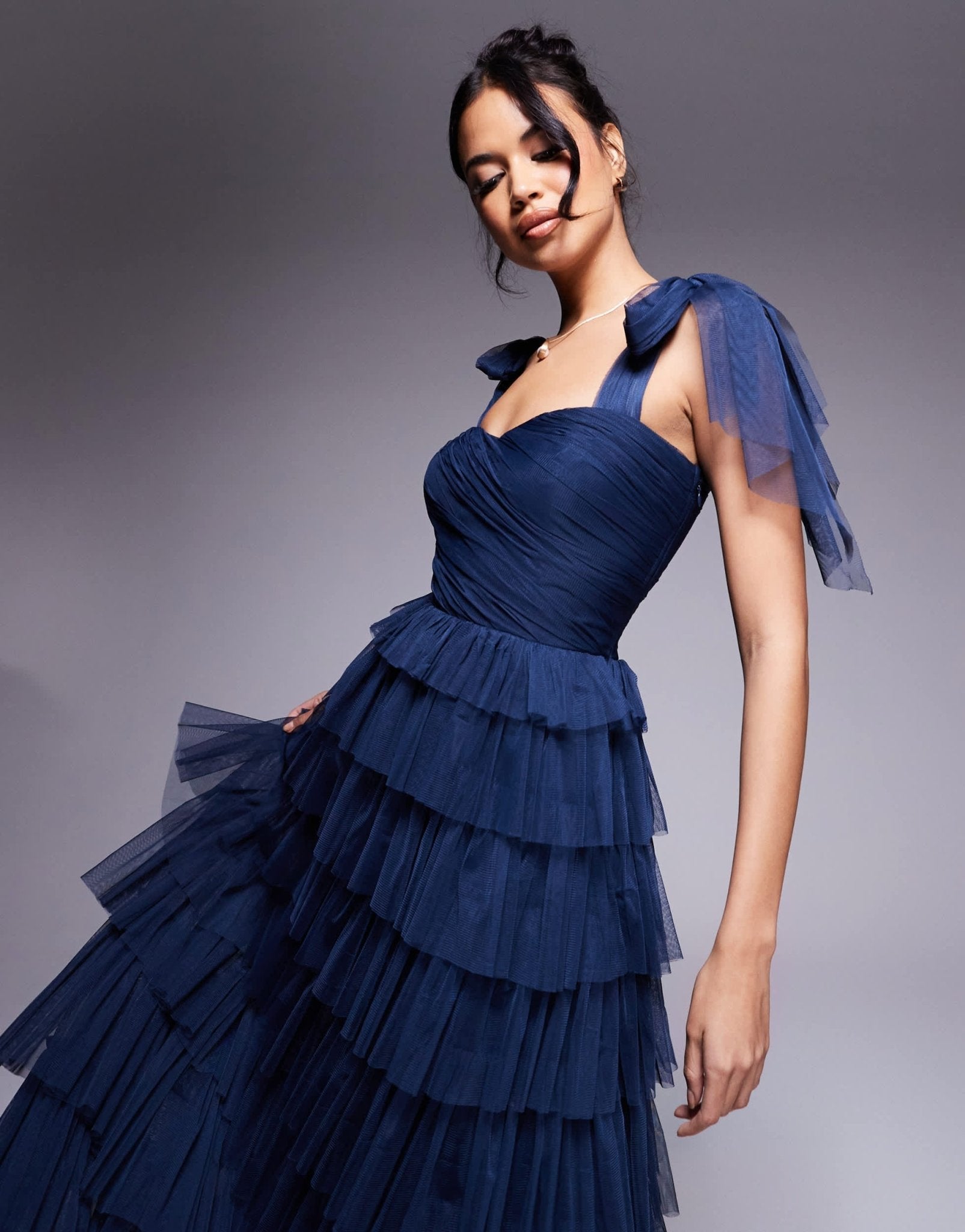 Lace & Beads bow shoulder ruffle maxi dress in midnight navy - ASOS Sample Sale