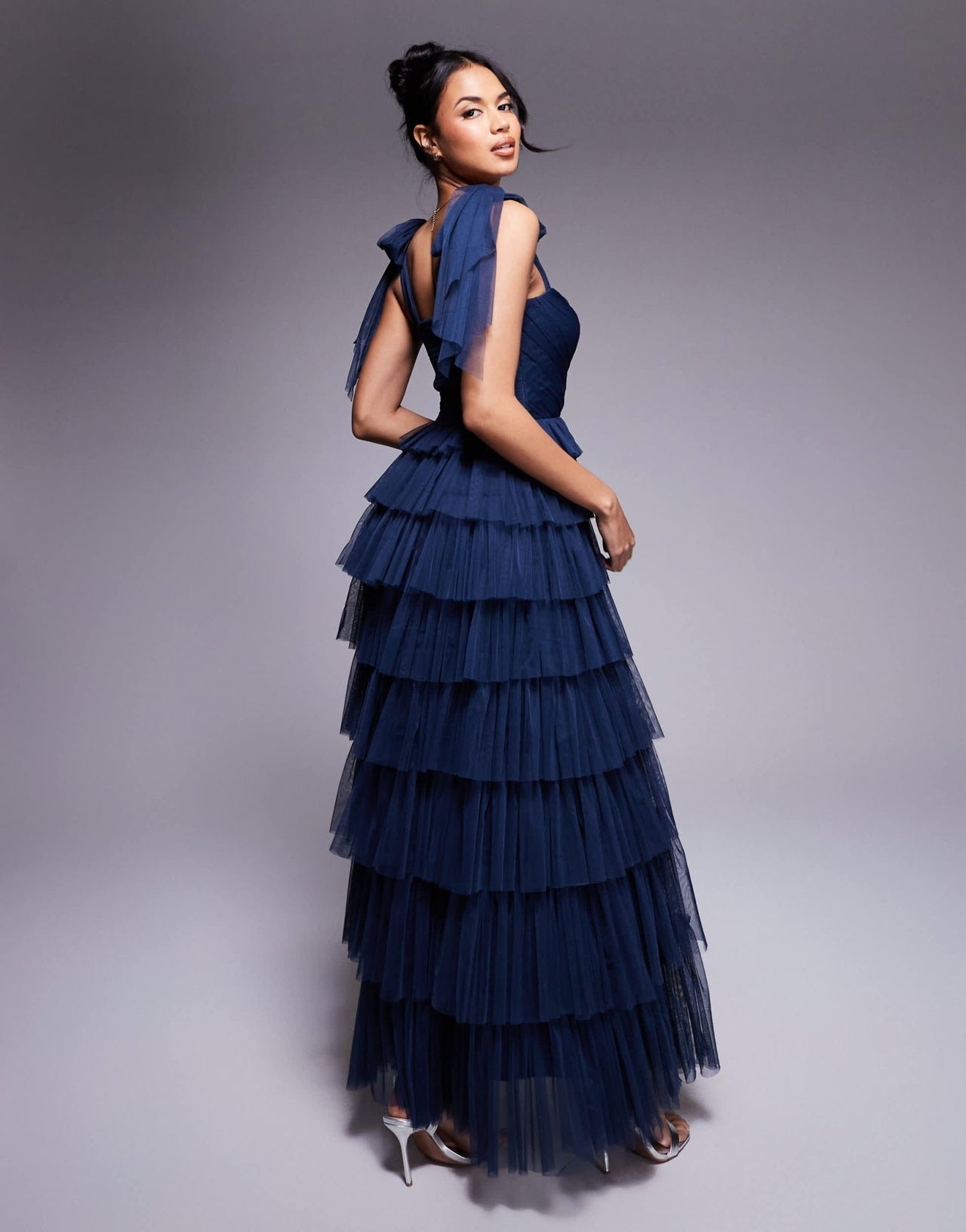 Lace & Beads bow shoulder ruffle maxi dress in midnight navy - ASOS Sample Sale