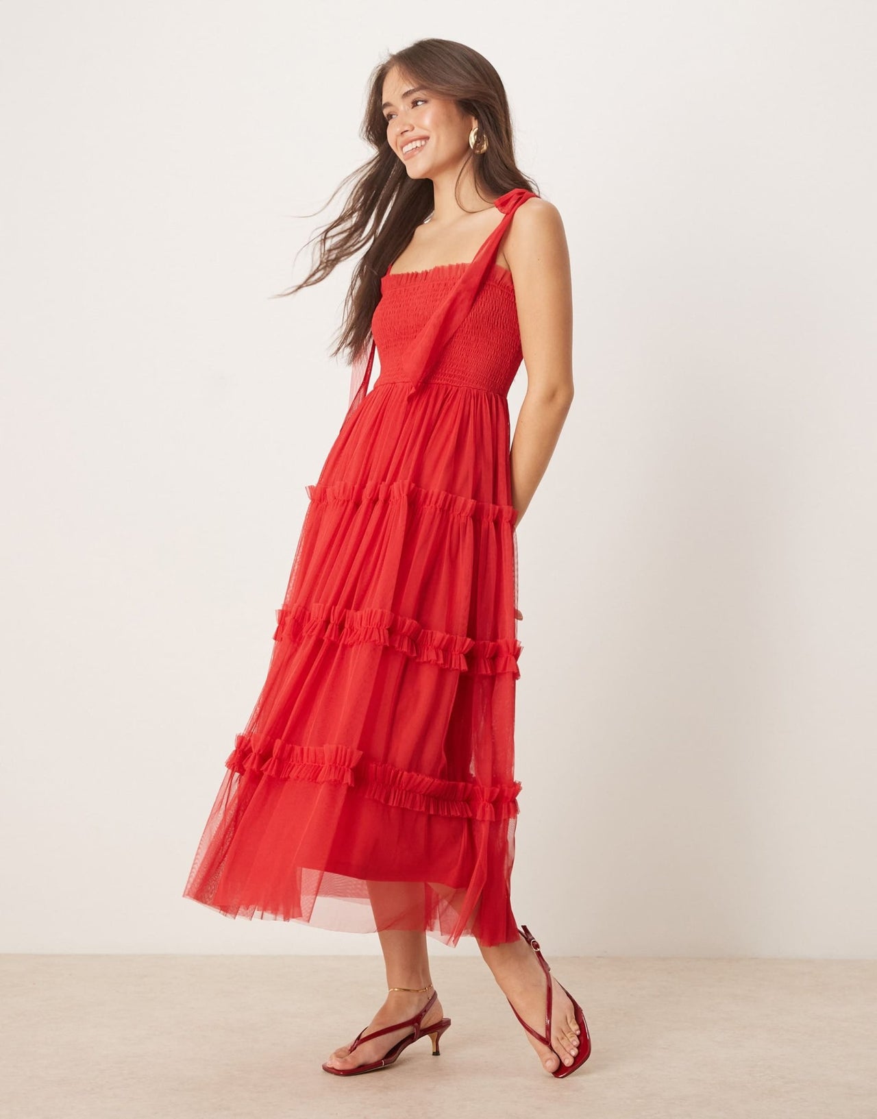 Lace & Beads bow shoulder ruffle midi dress in cherry red - ASOS Sample Sale