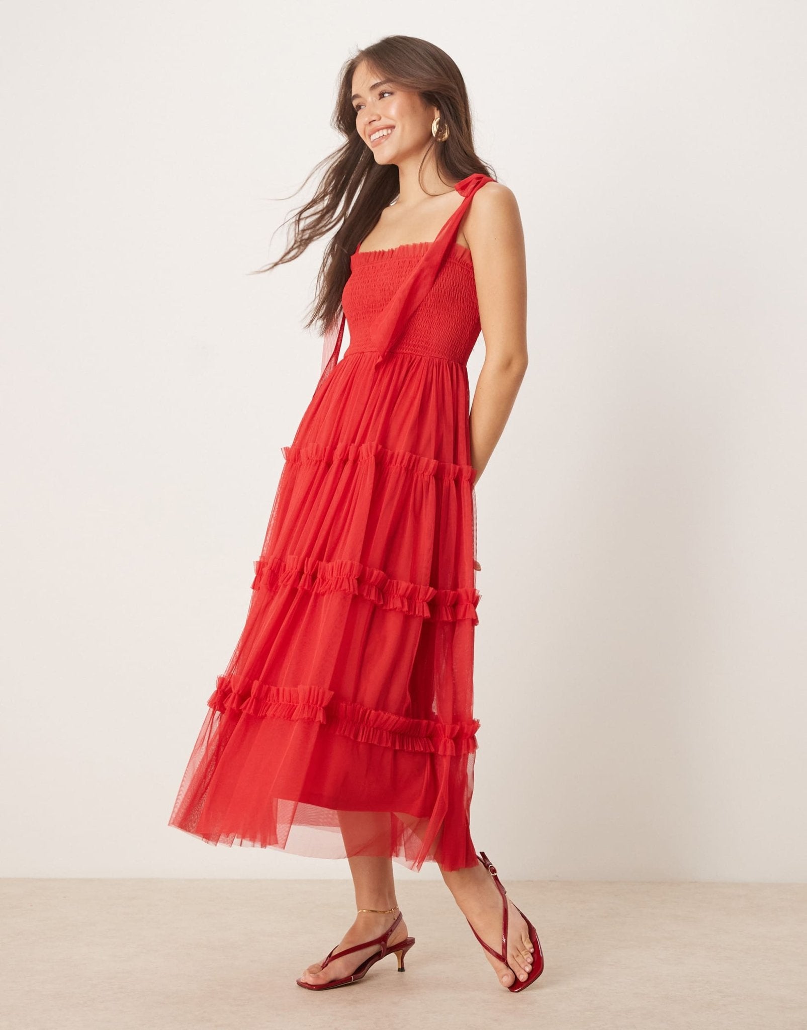 Lace & Beads bow shoulder ruffle midi dress in cherry red - ASOS Sample Sale