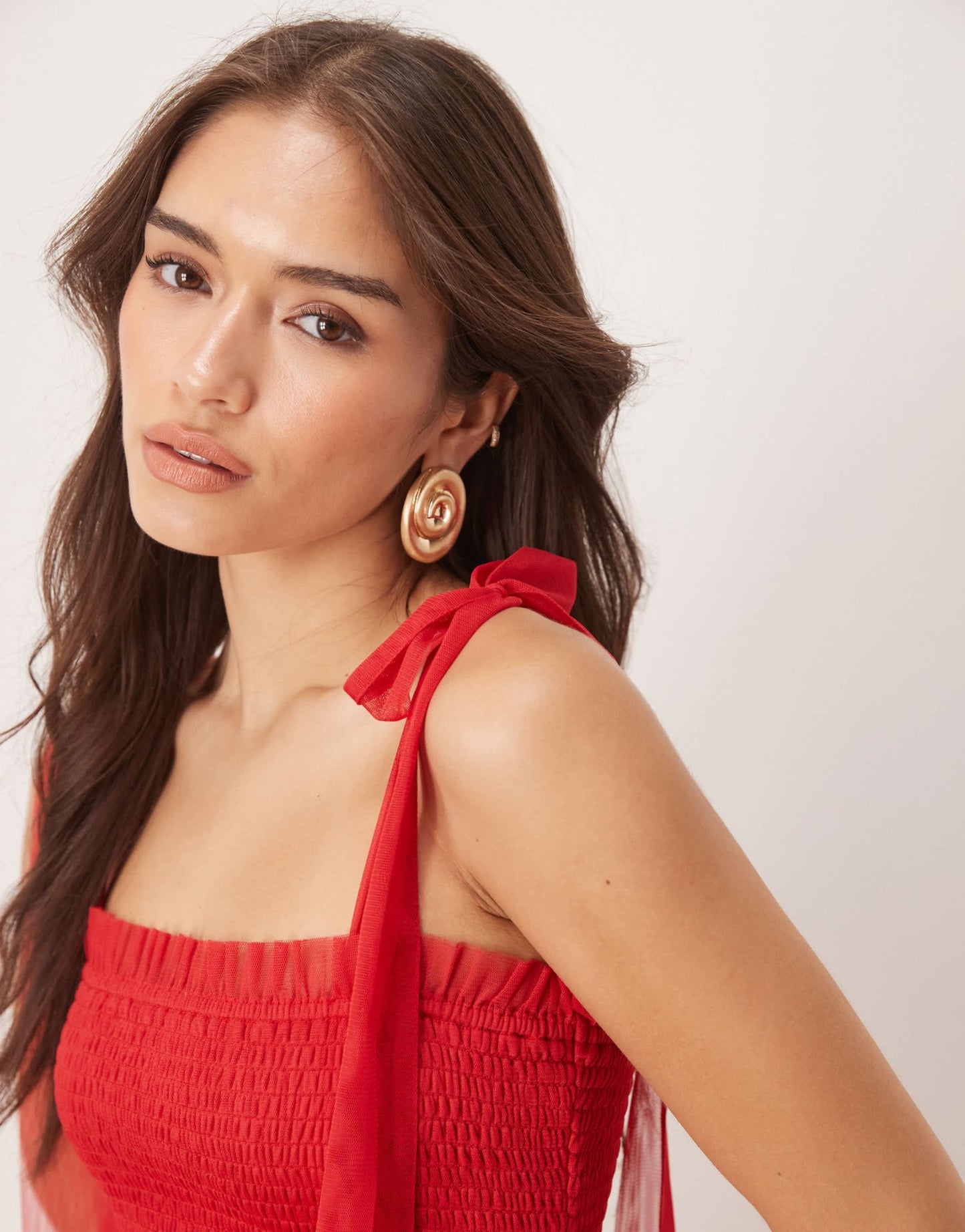 Lace & Beads bow shoulder ruffle midi dress in cherry red - ASOS Sample Sale