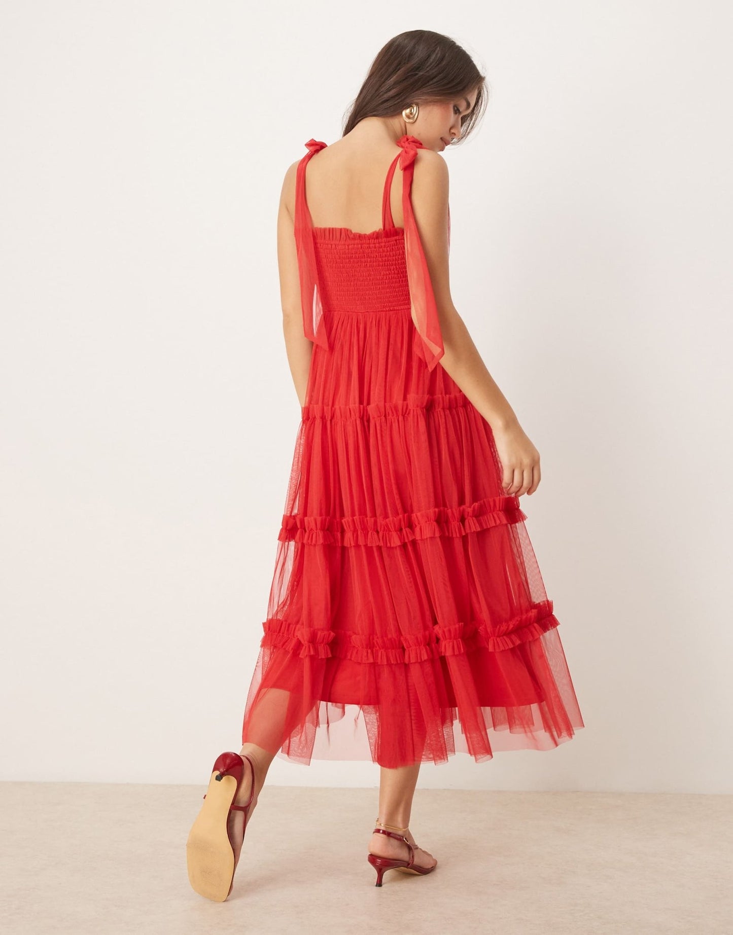 Lace & Beads bow shoulder ruffle midi dress in cherry red - ASOS Sample Sale