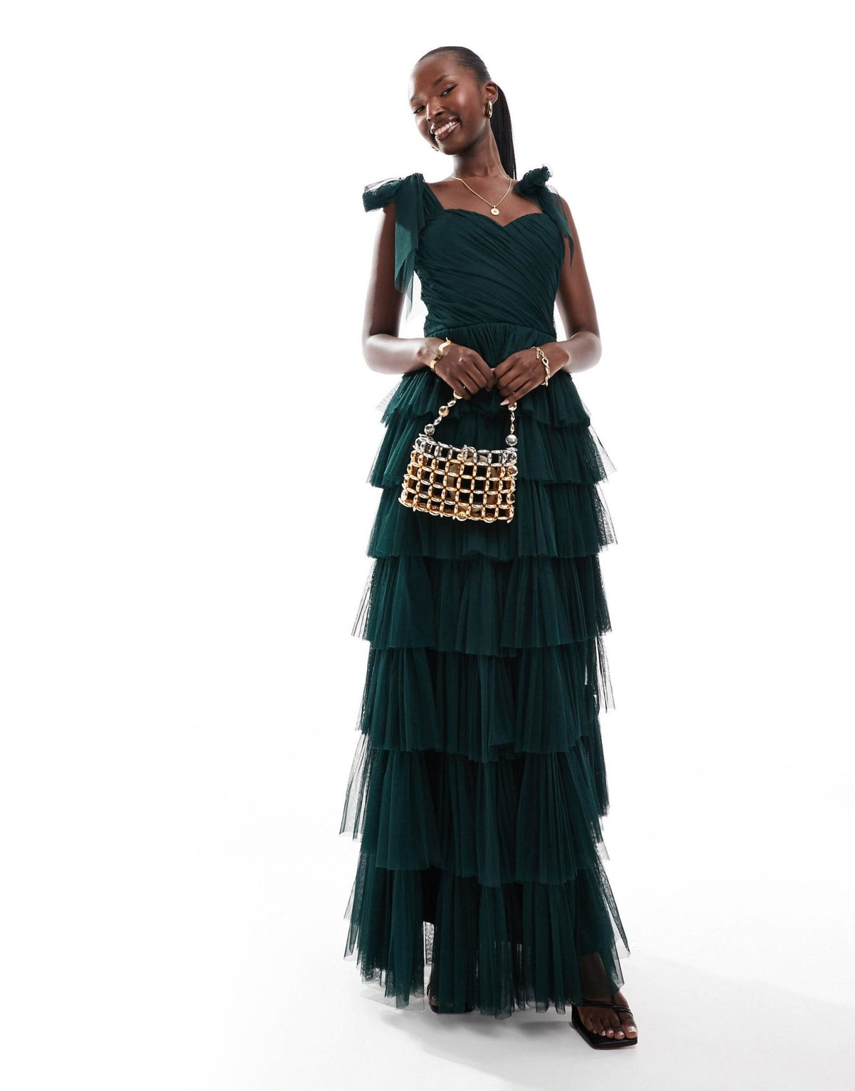 Lace & Beads bow shoulder tiered tulle maxi dress in emerald - ASOS Sample Sale