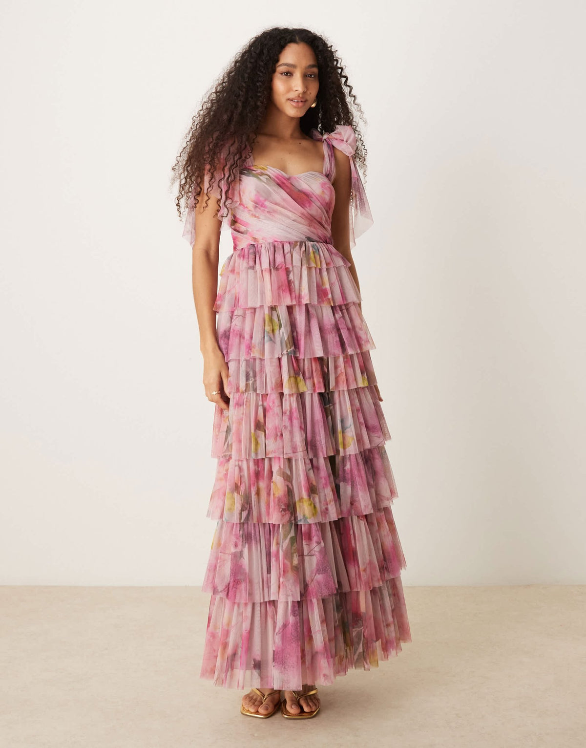 Lace & Beads bow shoulder tiered tulle maxi dress in pink floral - ASOS Sample Sale