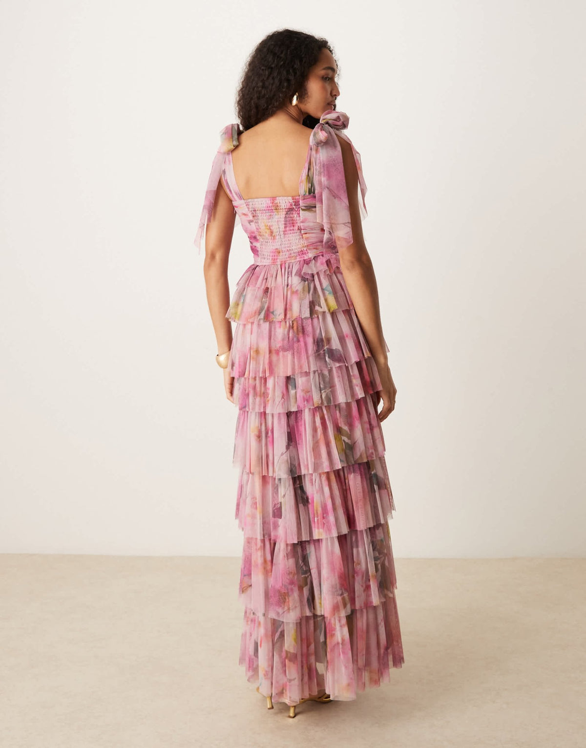 Lace & Beads bow shoulder tiered tulle maxi dress in pink floral - ASOS Sample Sale