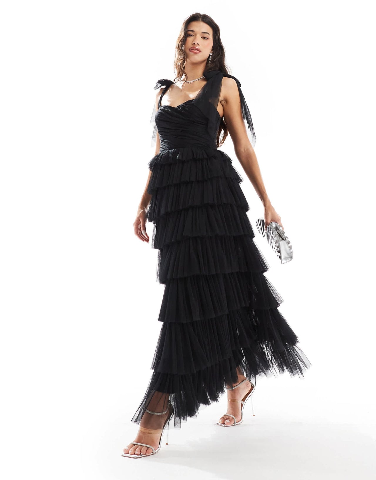 Lace & Beads bow shoulder tulle maxi dress in black - ASOS Sample Sale