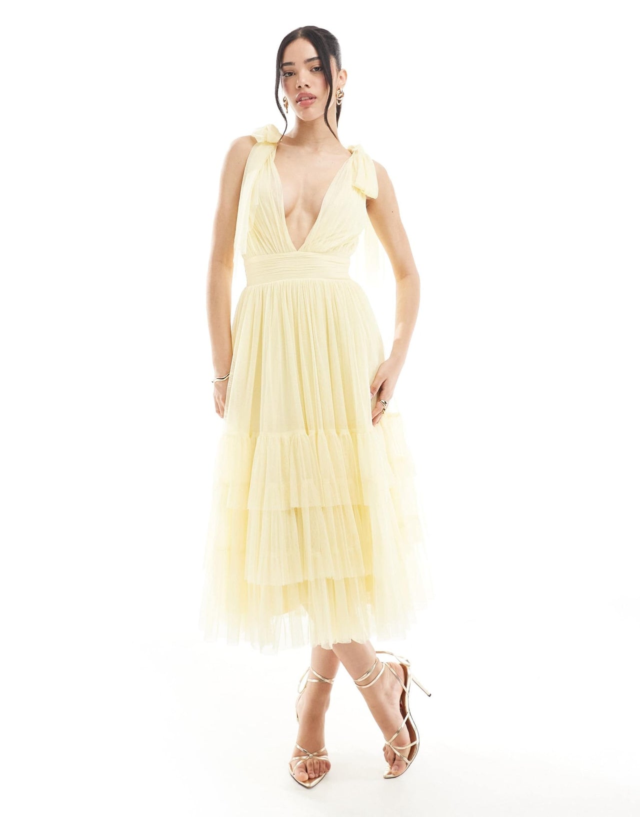 Lace & Beads Bridesmaid bow shoulder midaxi dress in butter yellow - ASOS Sample Sale