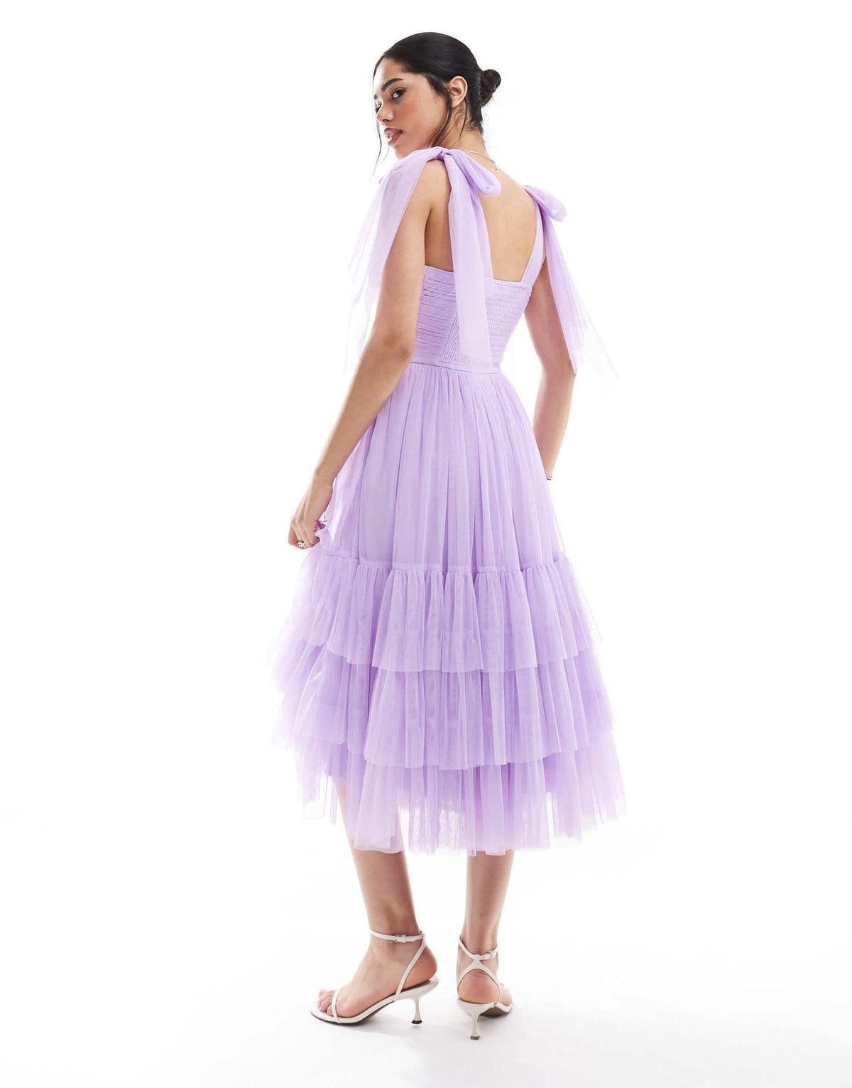 Lace & Beads Bridesmaid bow shoulder midi dress in lilac - ASOS Sample Sale