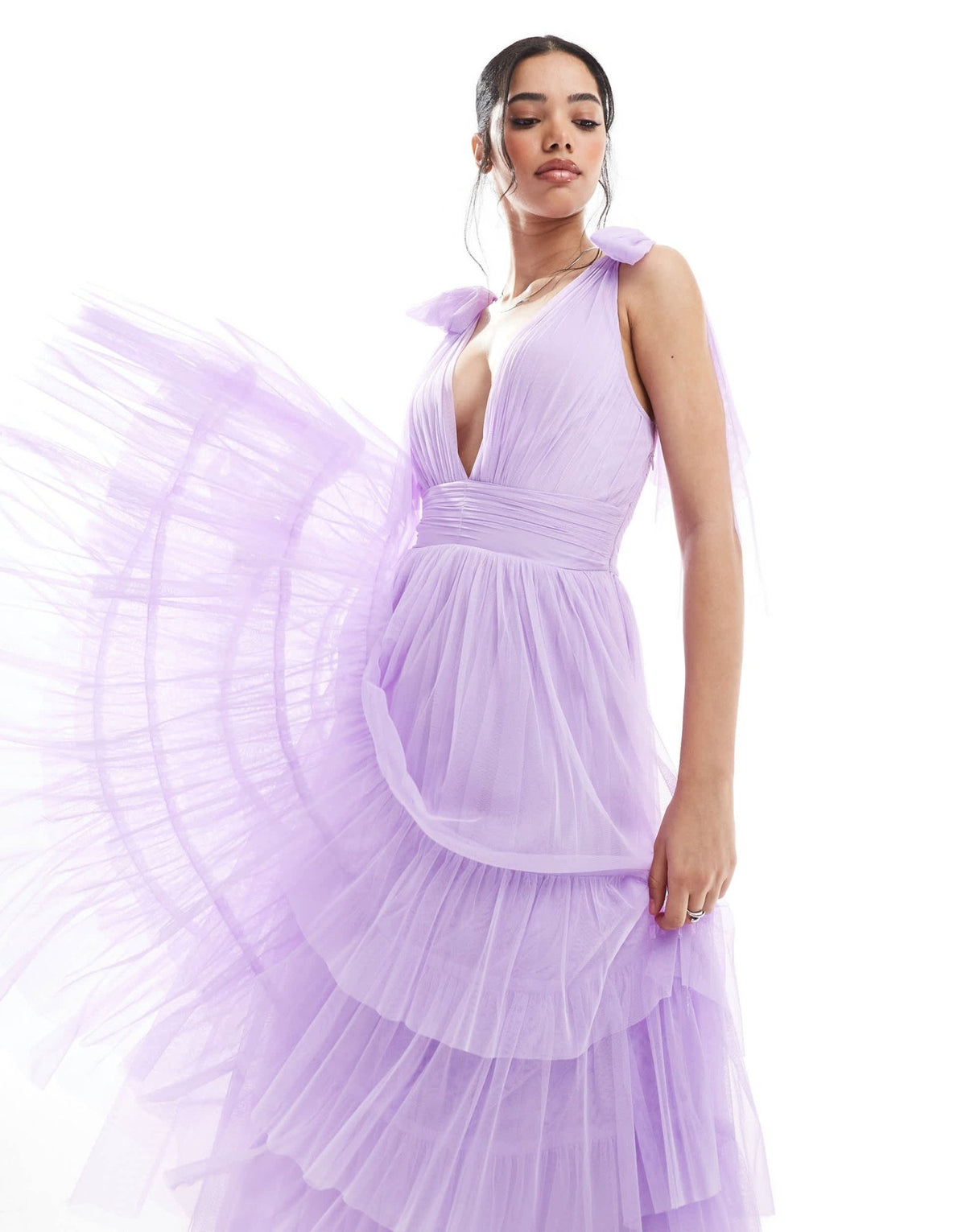 Lace & Beads Bridesmaid bow shoulder midi dress in lilac - ASOS Sample Sale
