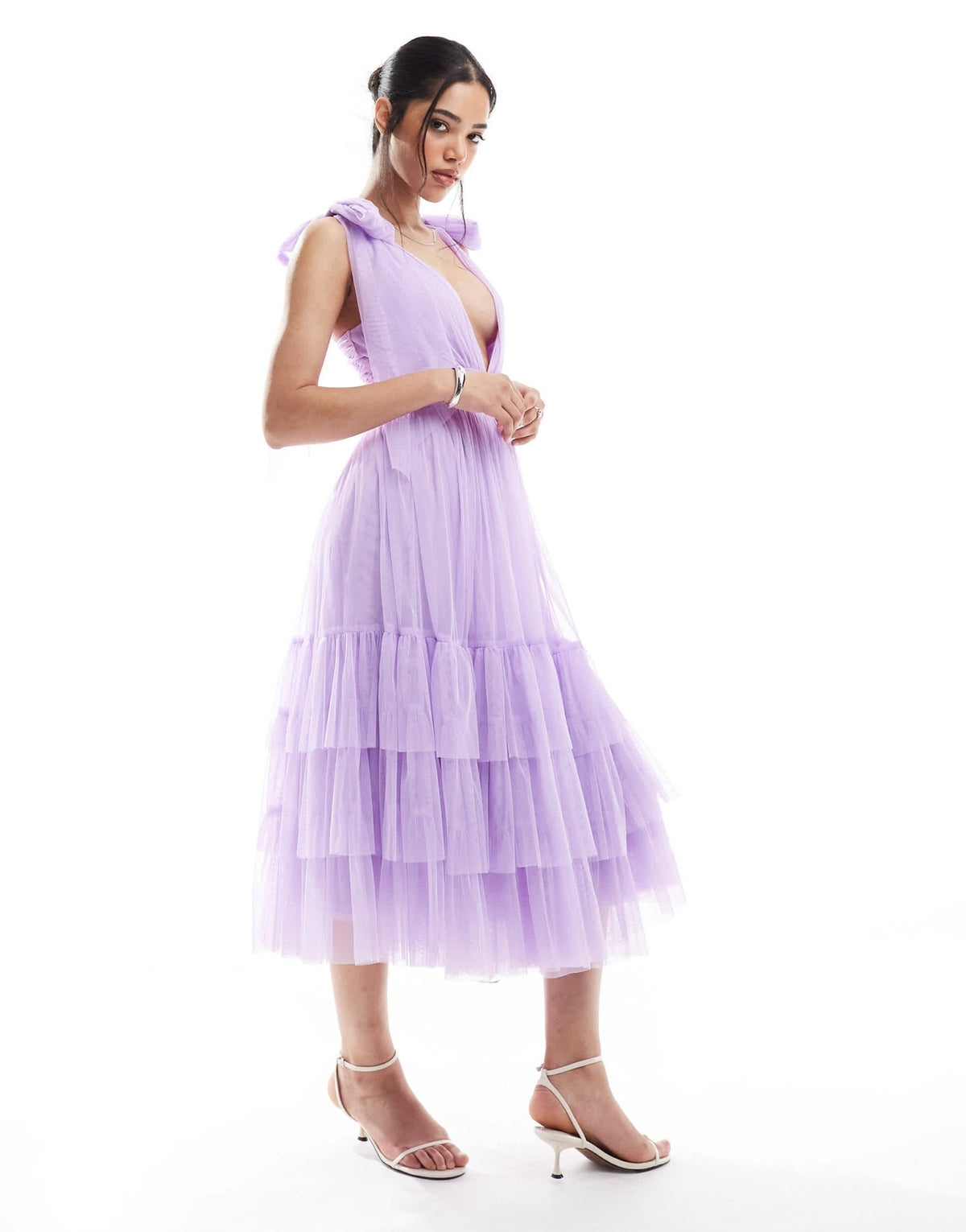 Lace & Beads Bridesmaid bow shoulder midi dress in lilac - ASOS Sample Sale