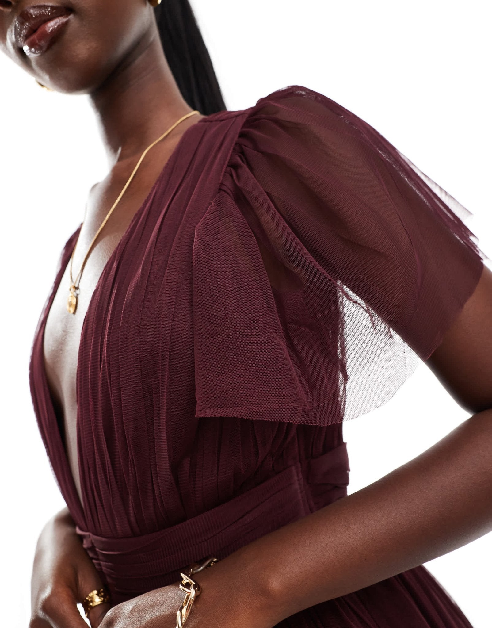 Lace & Beads Bridesmaid Madison v neck tulle maxi dress in plum - ASOS Sample Sale