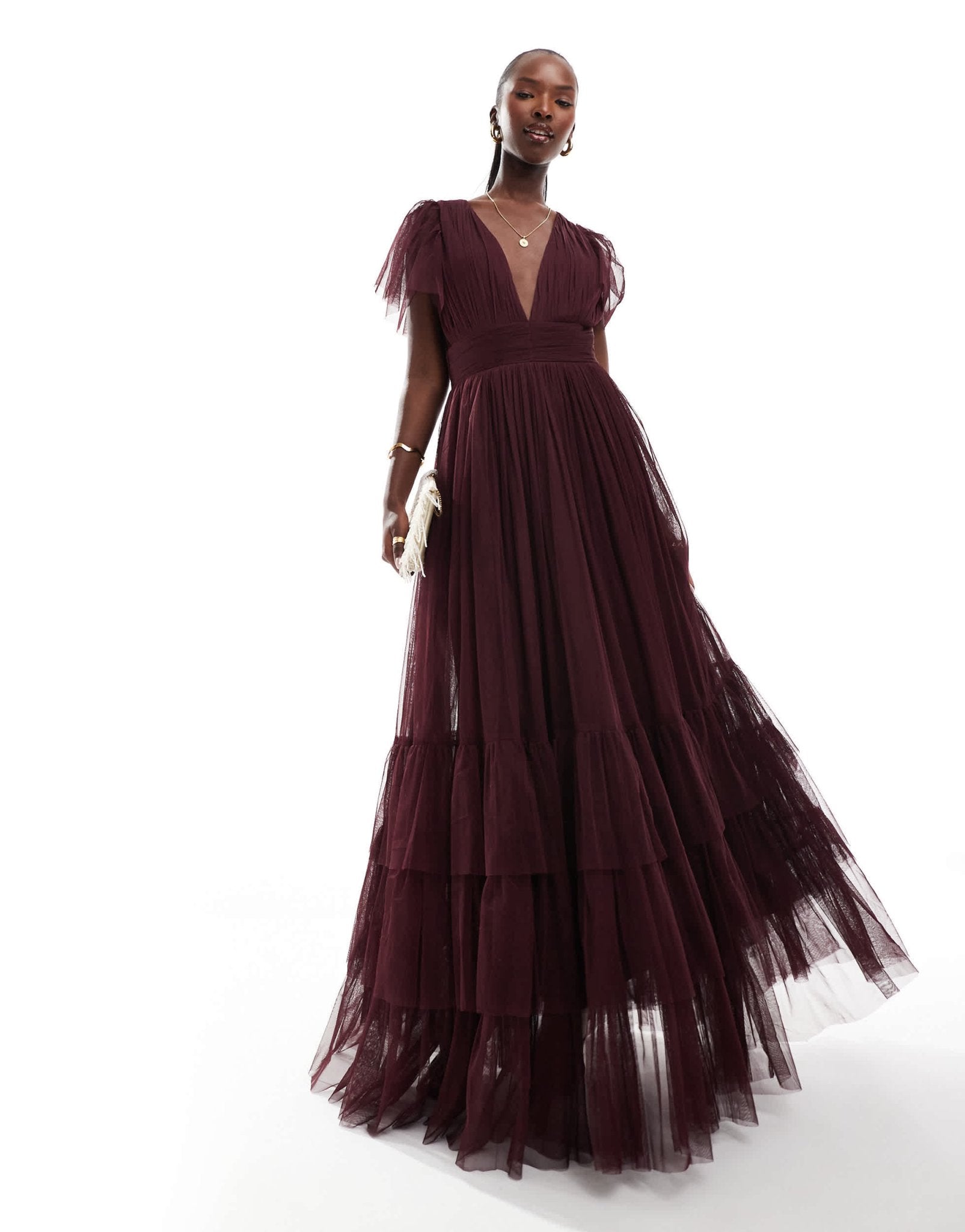 Lace & Beads Bridesmaid Madison v neck tulle maxi dress in plum - ASOS Sample Sale