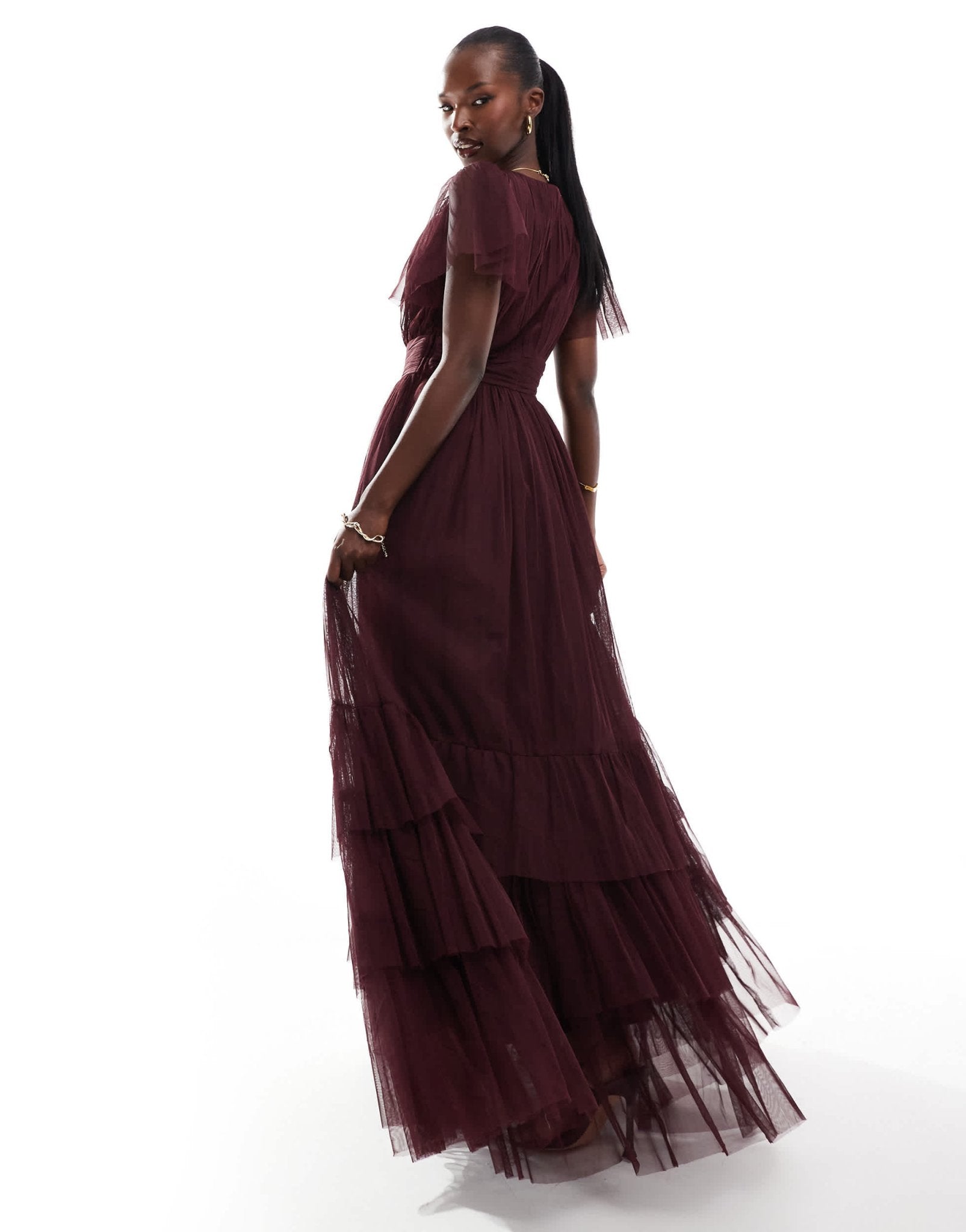 Lace & Beads Bridesmaid Madison v neck tulle maxi dress in plum - ASOS Sample Sale