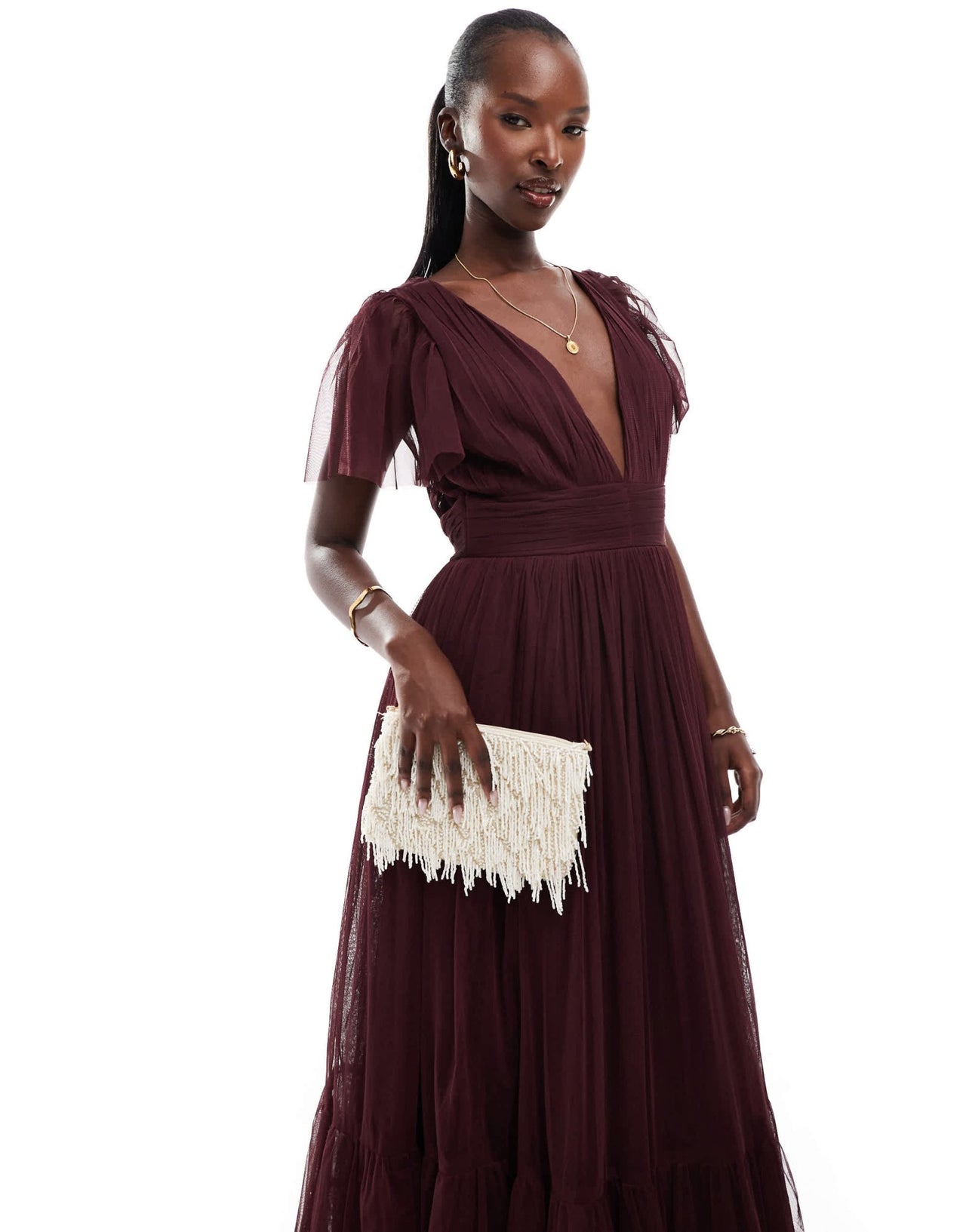 Lace & Beads Bridesmaid Madison v neck tulle maxi dress in plum - ASOS Sample Sale