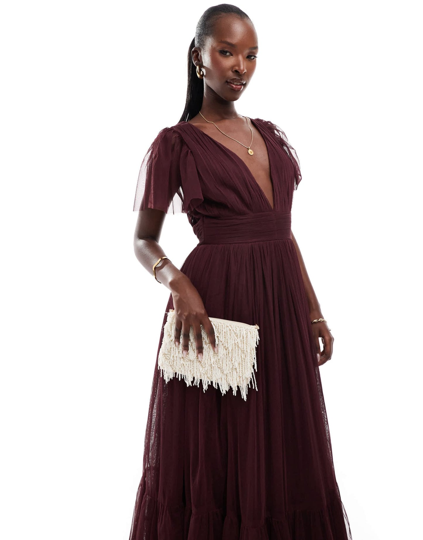Lace & Beads Bridesmaid Madison v neck tulle maxi dress in plum - ASOS Sample Sale
