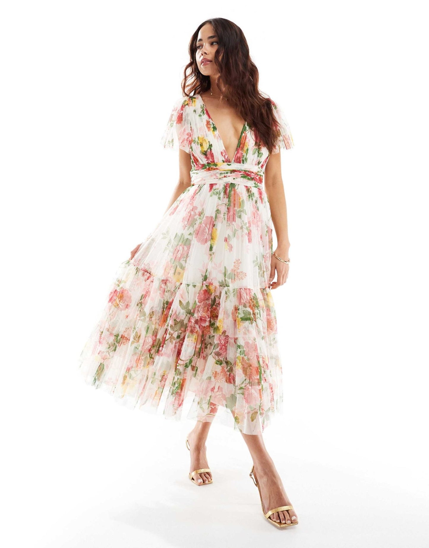 Lace & Beads Bridesmaid Madison v neck tulle midi dress in bright floral - ASOS Sample Sale