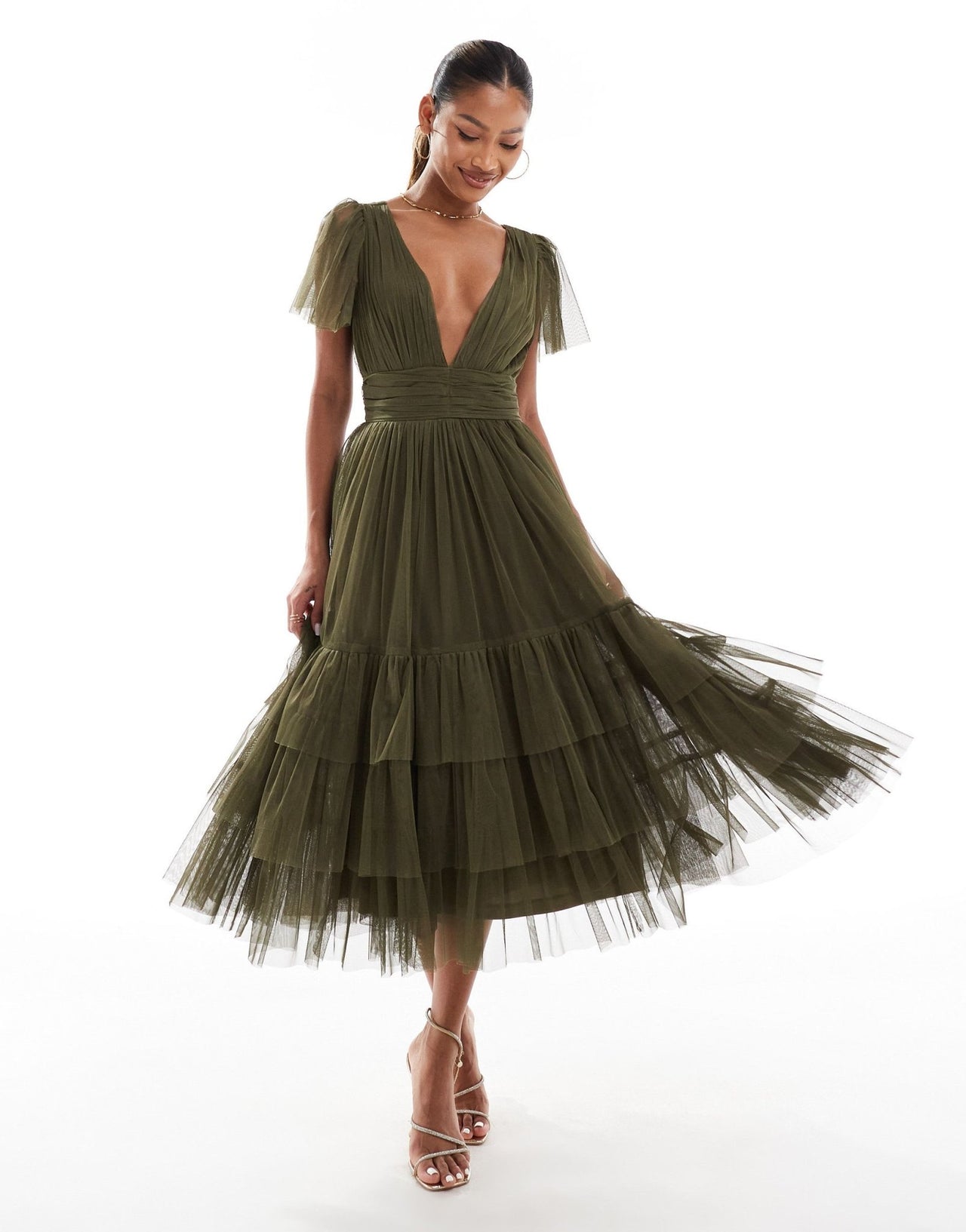Lace & Beads Bridesmaid Madison v neck tulle midi dress in deep olive - ASOS Sample Sale