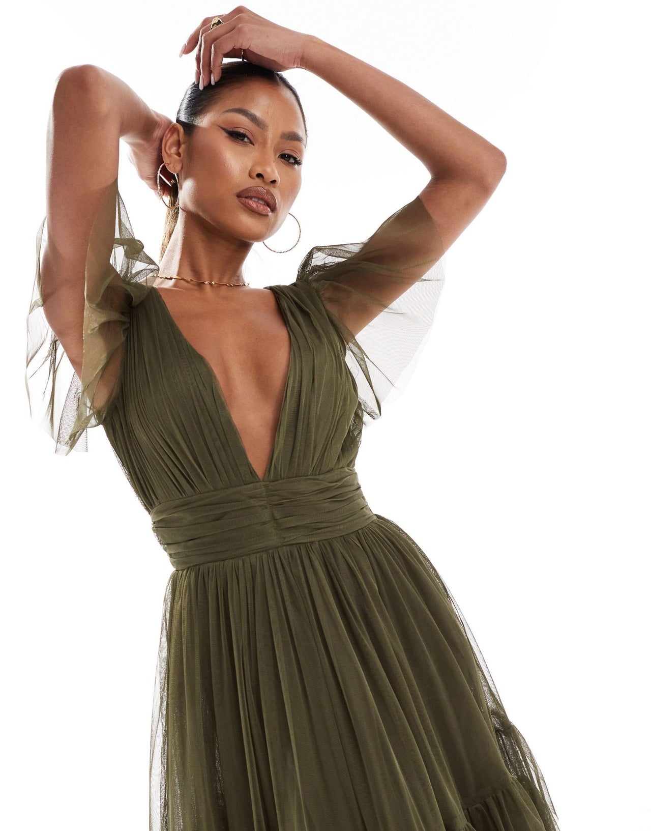 Lace & Beads Bridesmaid Madison v neck tulle midi dress in deep olive - ASOS Sample Sale