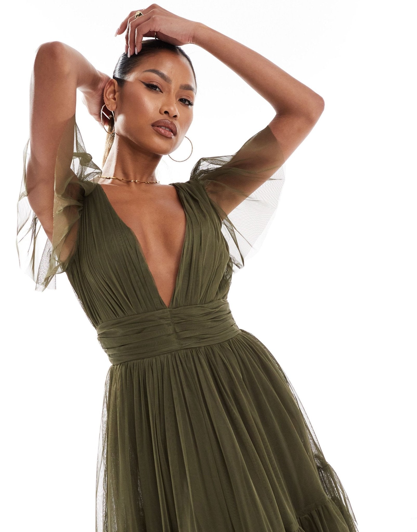Lace & Beads Bridesmaid Madison v neck tulle midi dress in deep olive - ASOS Sample Sale