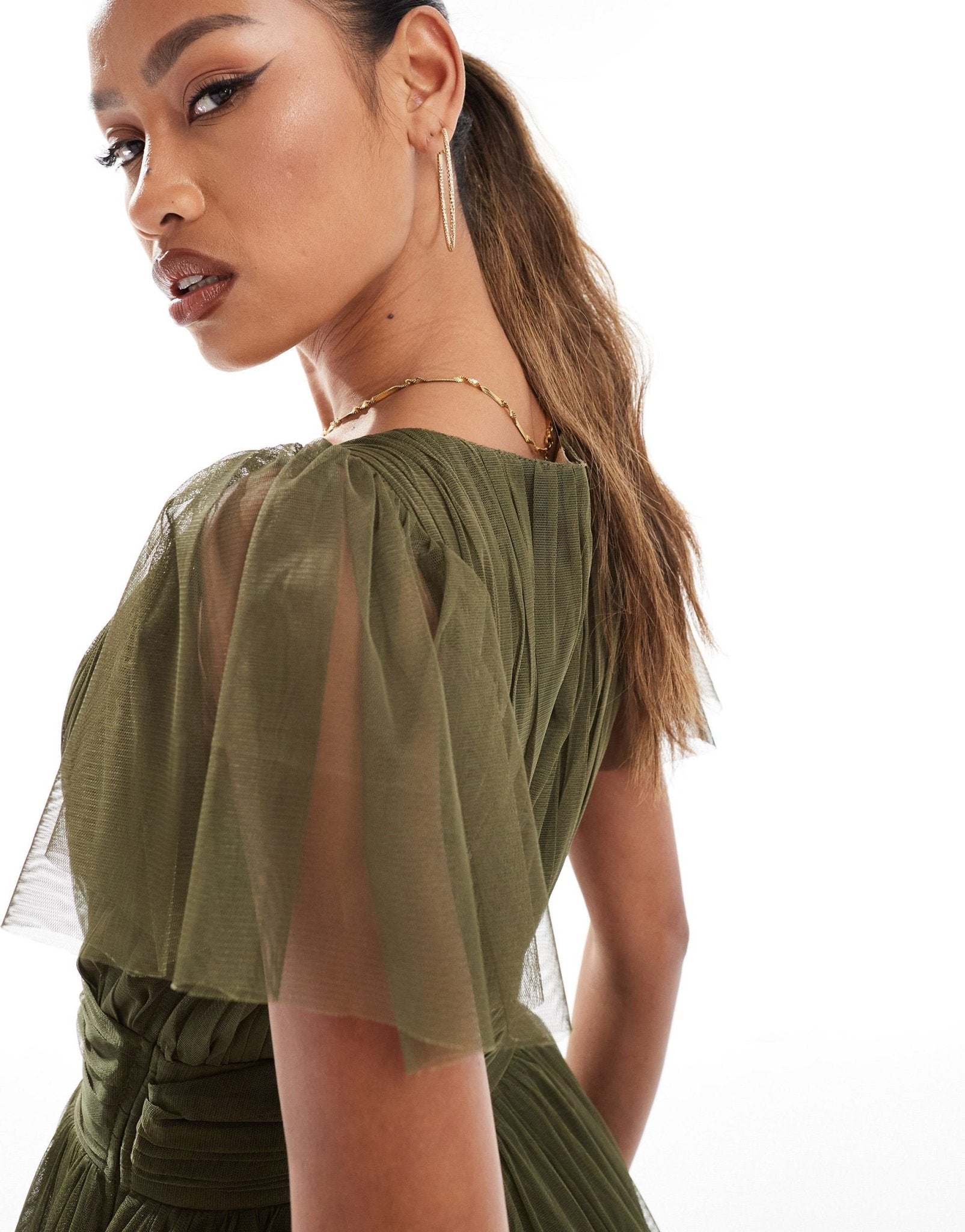 Lace & Beads Bridesmaid Madison v neck tulle midi dress in deep olive - ASOS Sample Sale