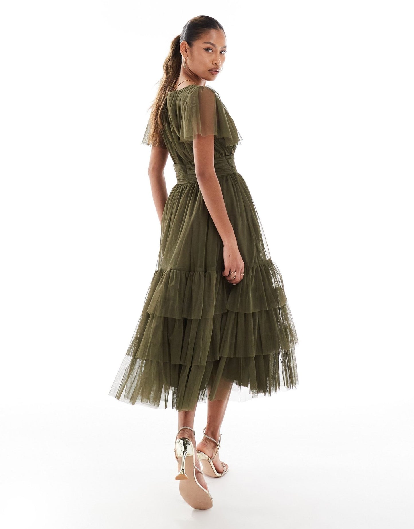 Lace & Beads Bridesmaid Madison v neck tulle midi dress in deep olive - ASOS Sample Sale