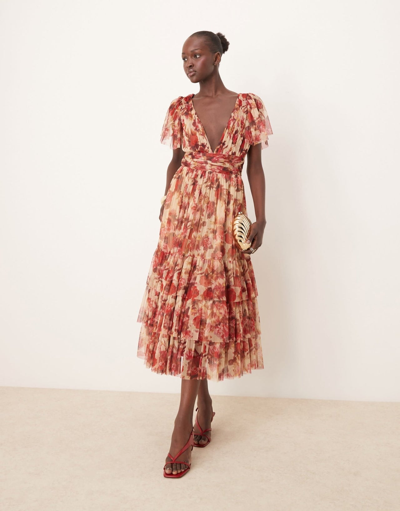 Lace & Beads Bridesmaid Madison v neck tulle midi dress in rose floral - ASOS Sample Sale